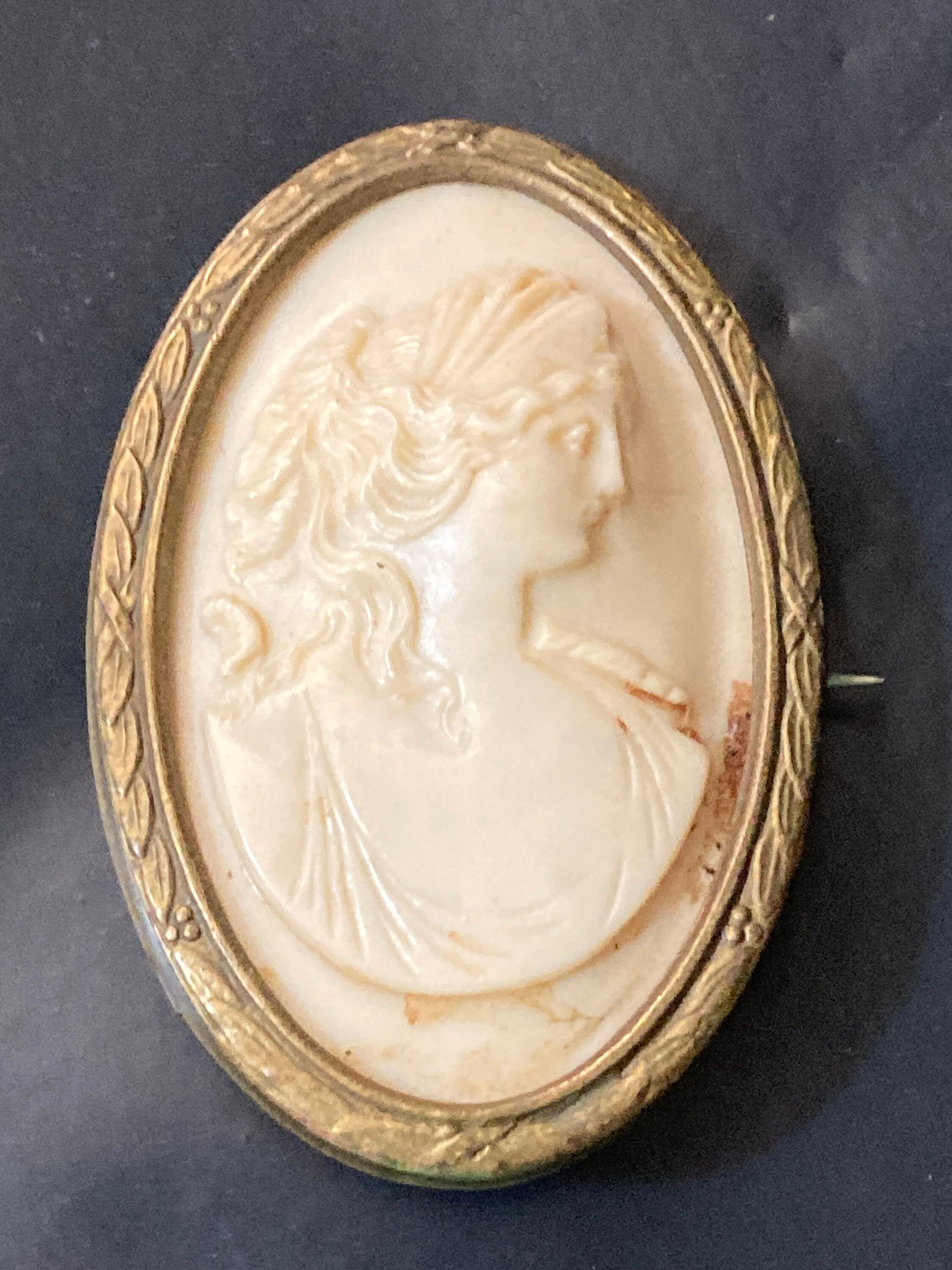 Vintage Edwardian Celluloid Cameo Brooch: Gilt Metal Framed Lady Pin