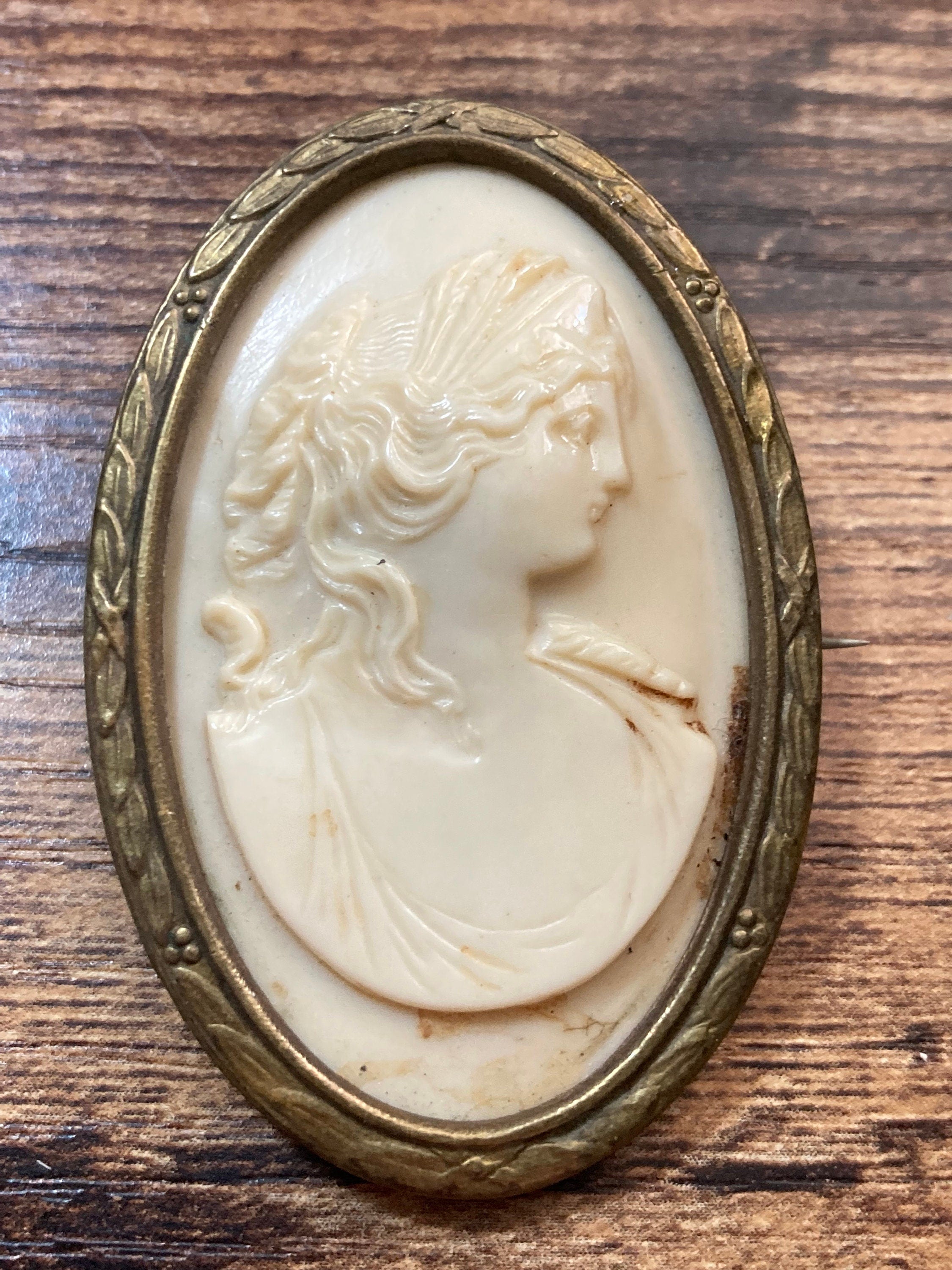 Vintage Edwardian Celluloid Cameo Brooch: Gilt Metal Framed Lady Pin
