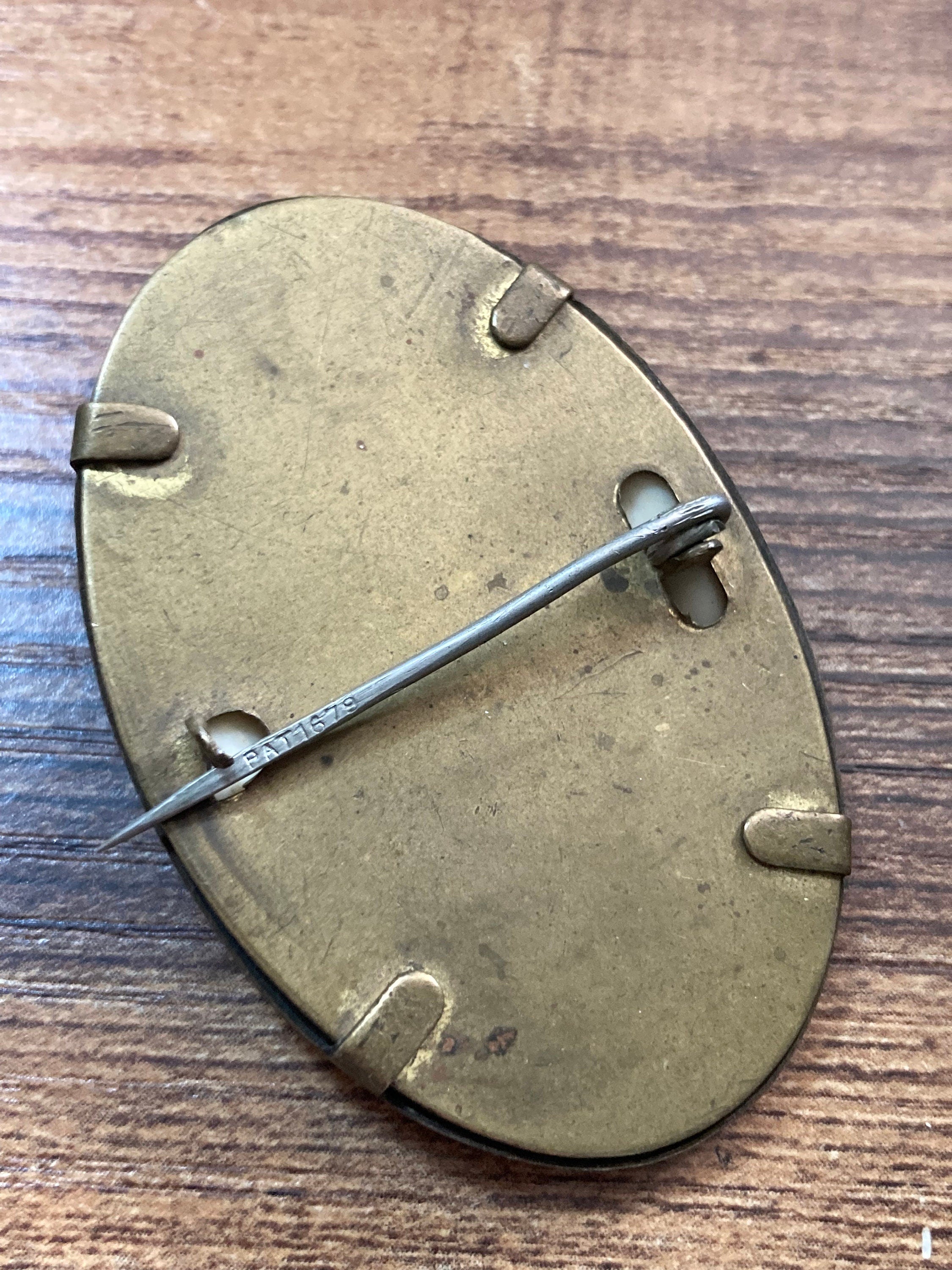 Vintage Edwardian Celluloid Cameo Brooch: Gilt Metal Framed Lady Pin