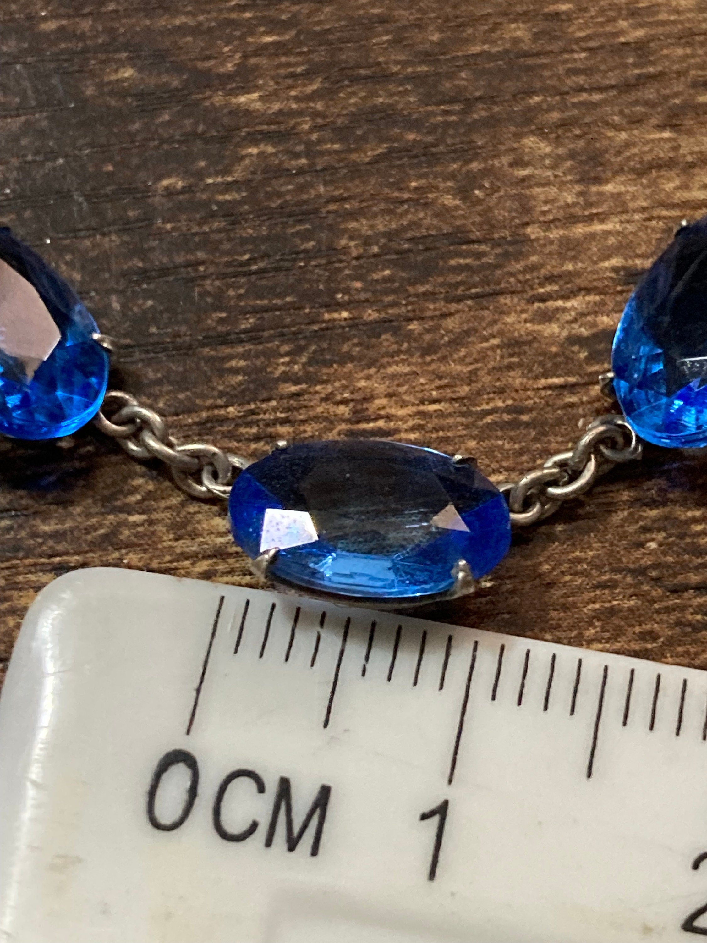 Art deco sapphire blue open back crystal oval bezel set necklace Vintage