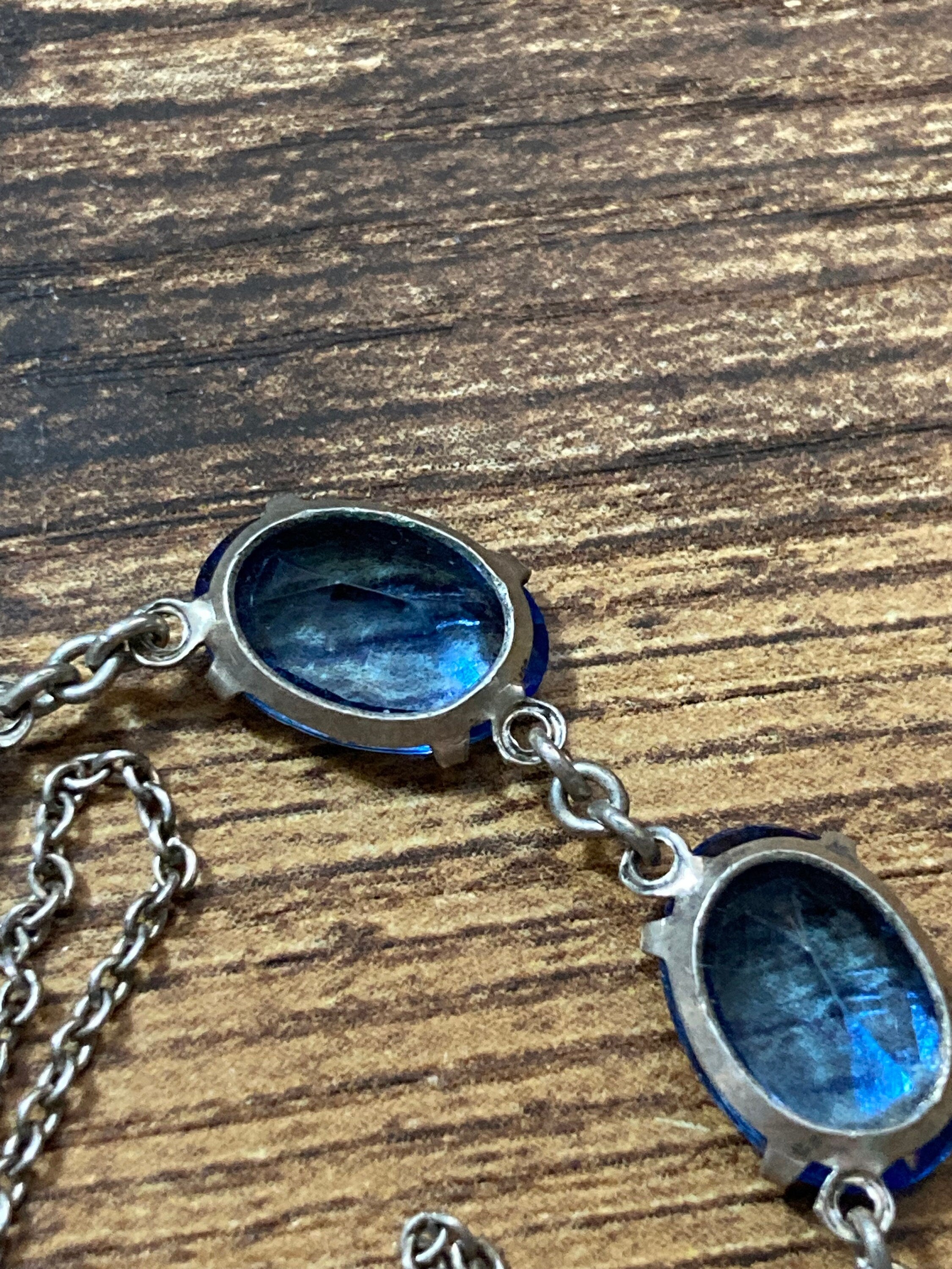 Art deco sapphire blue open back crystal oval bezel set necklace Vintage