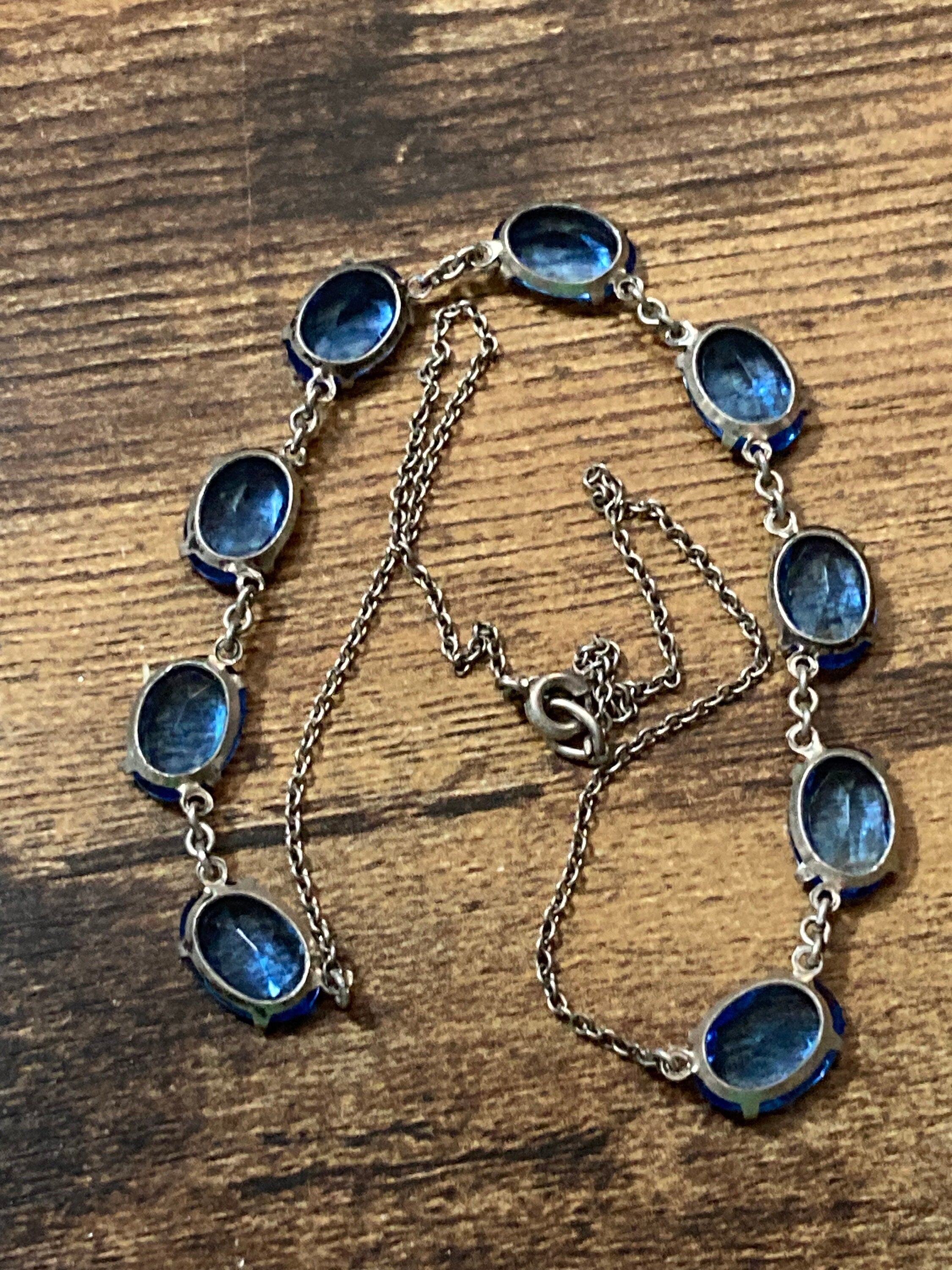 Art deco sapphire blue open back crystal oval bezel set necklace Vintage