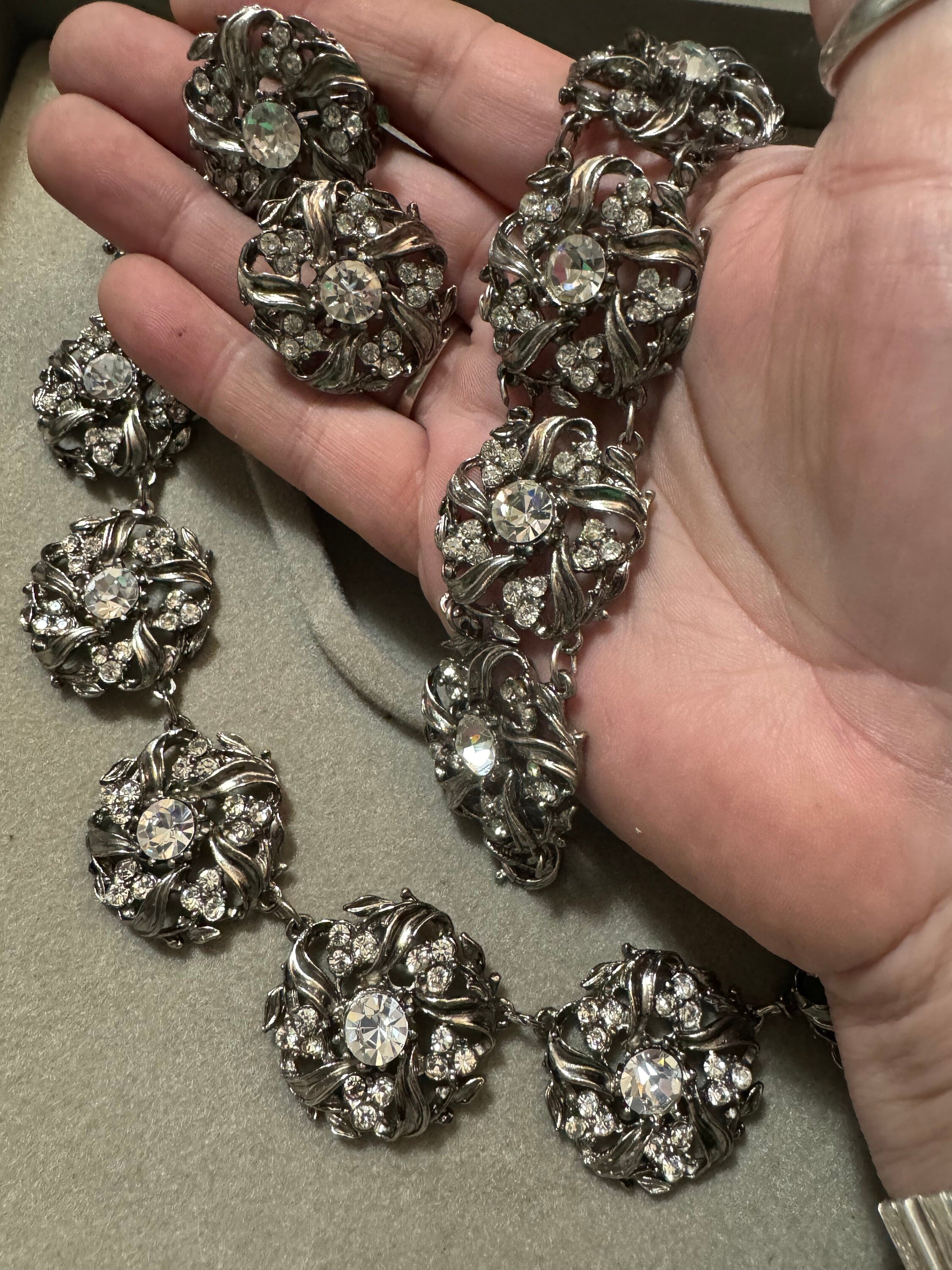 Jewellery set dark silver tone clear diamanté panel link necklace, bracelet and clip on earrings, vintage old shop stock