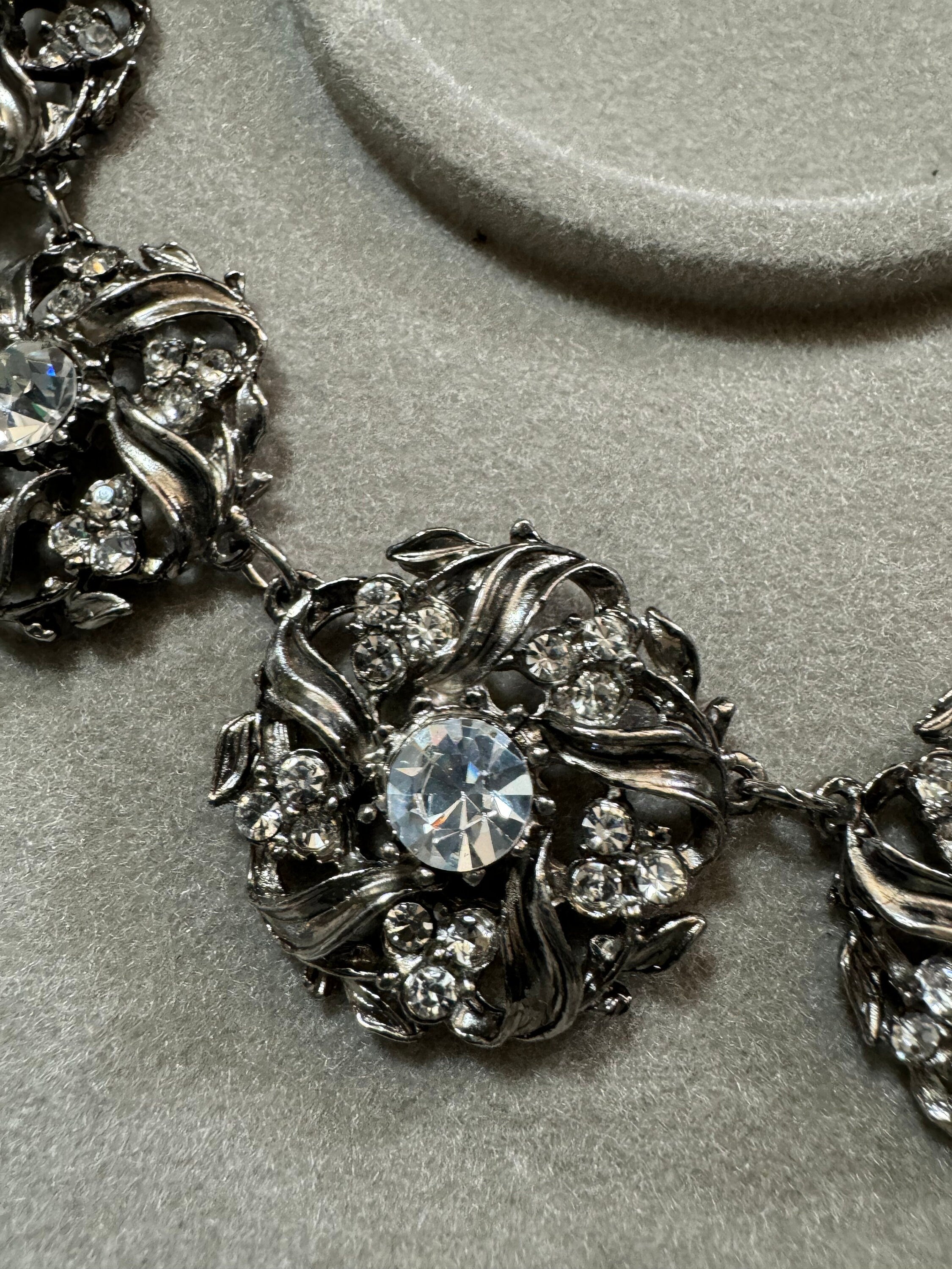 Jewellery set dark silver tone clear diamanté panel link necklace, bracelet and clip on earrings, vintage old shop stock