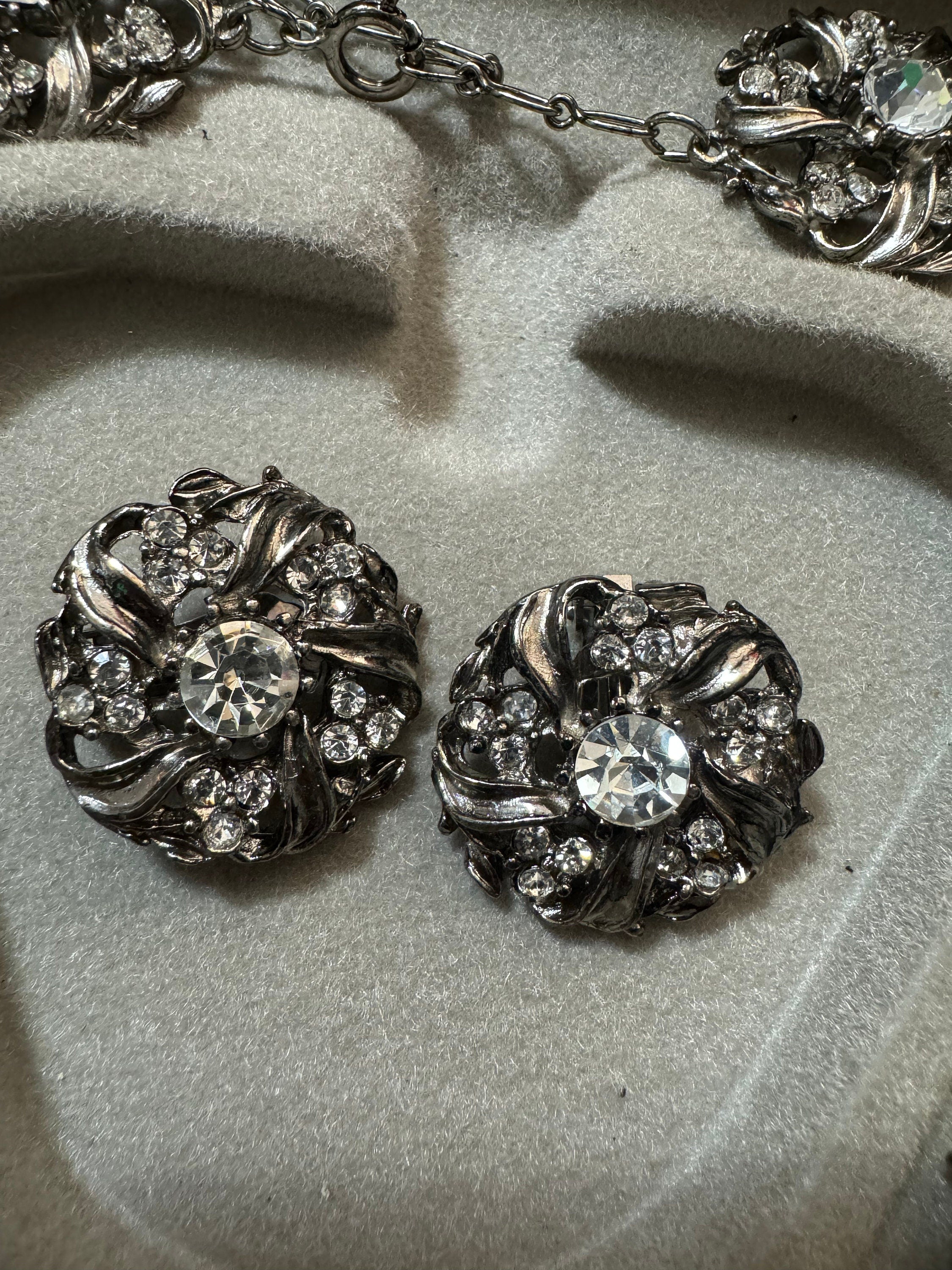 Jewellery set dark silver tone clear diamanté panel link necklace, bracelet and clip on earrings, vintage old shop stock
