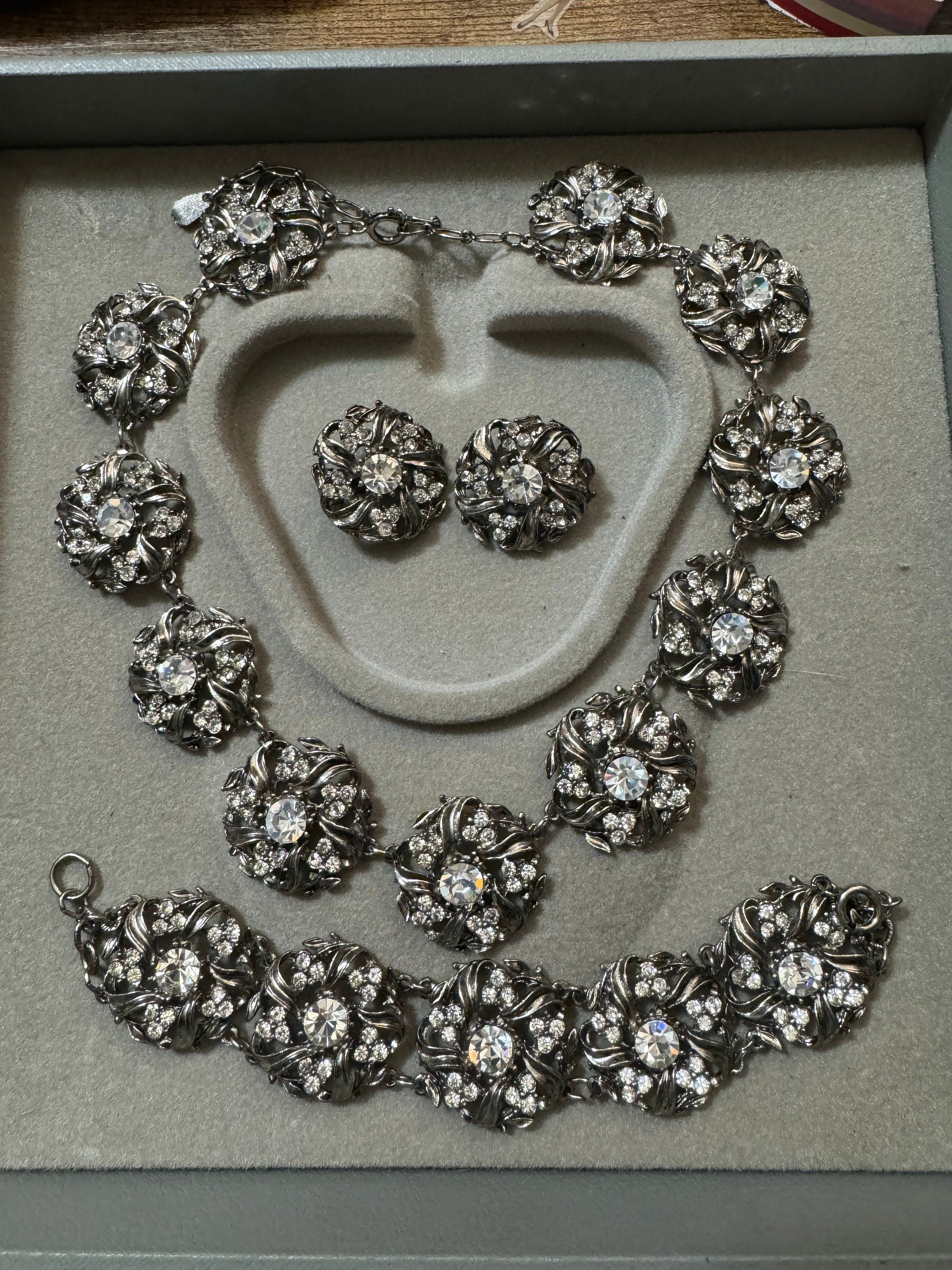 Jewellery set dark silver tone clear diamanté panel link necklace, bracelet and clip on earrings, vintage old shop stock