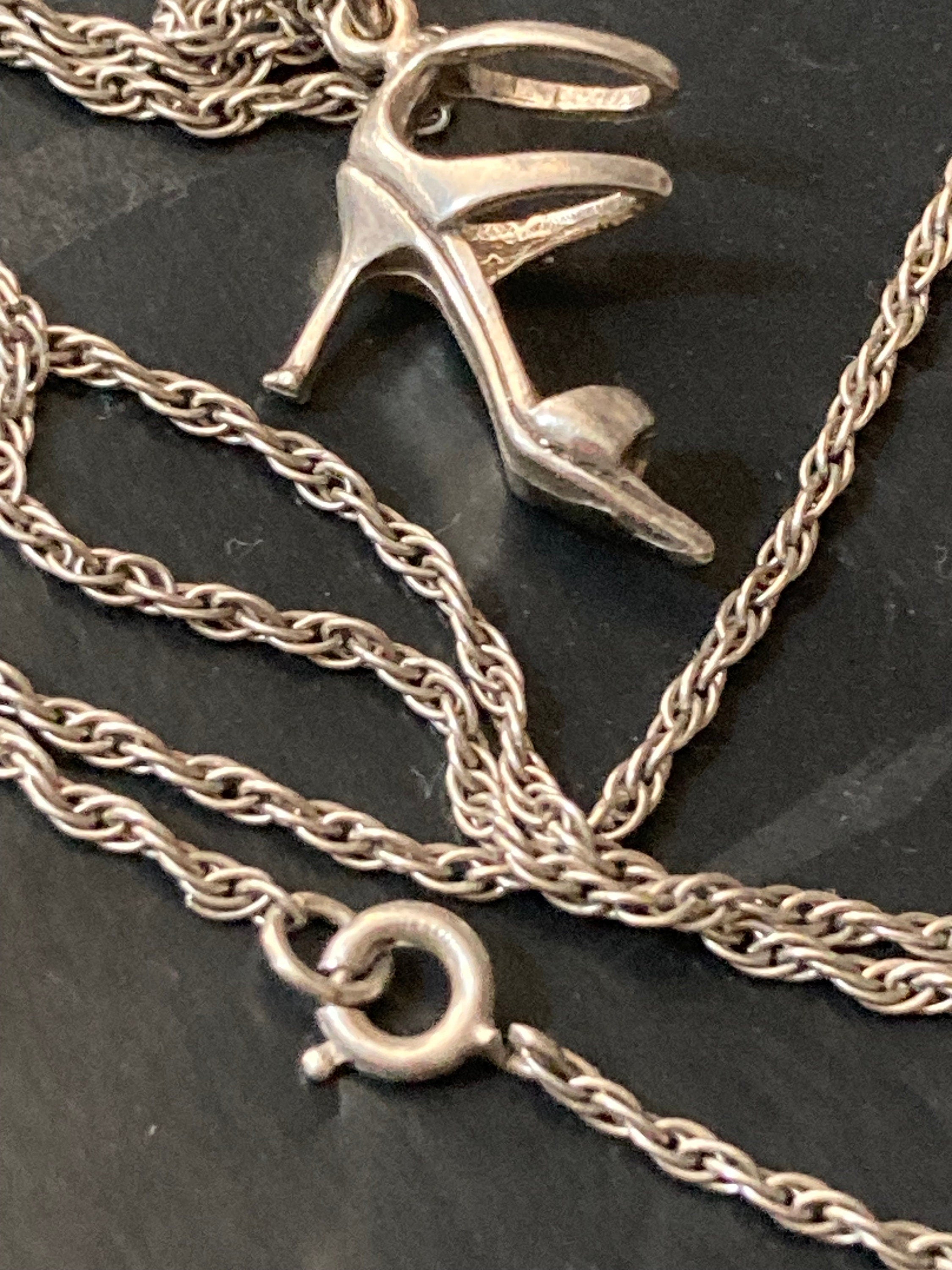 Novelty ladies stiletto shoe pendant sterling 925 silver on 47cm rope chain necklace