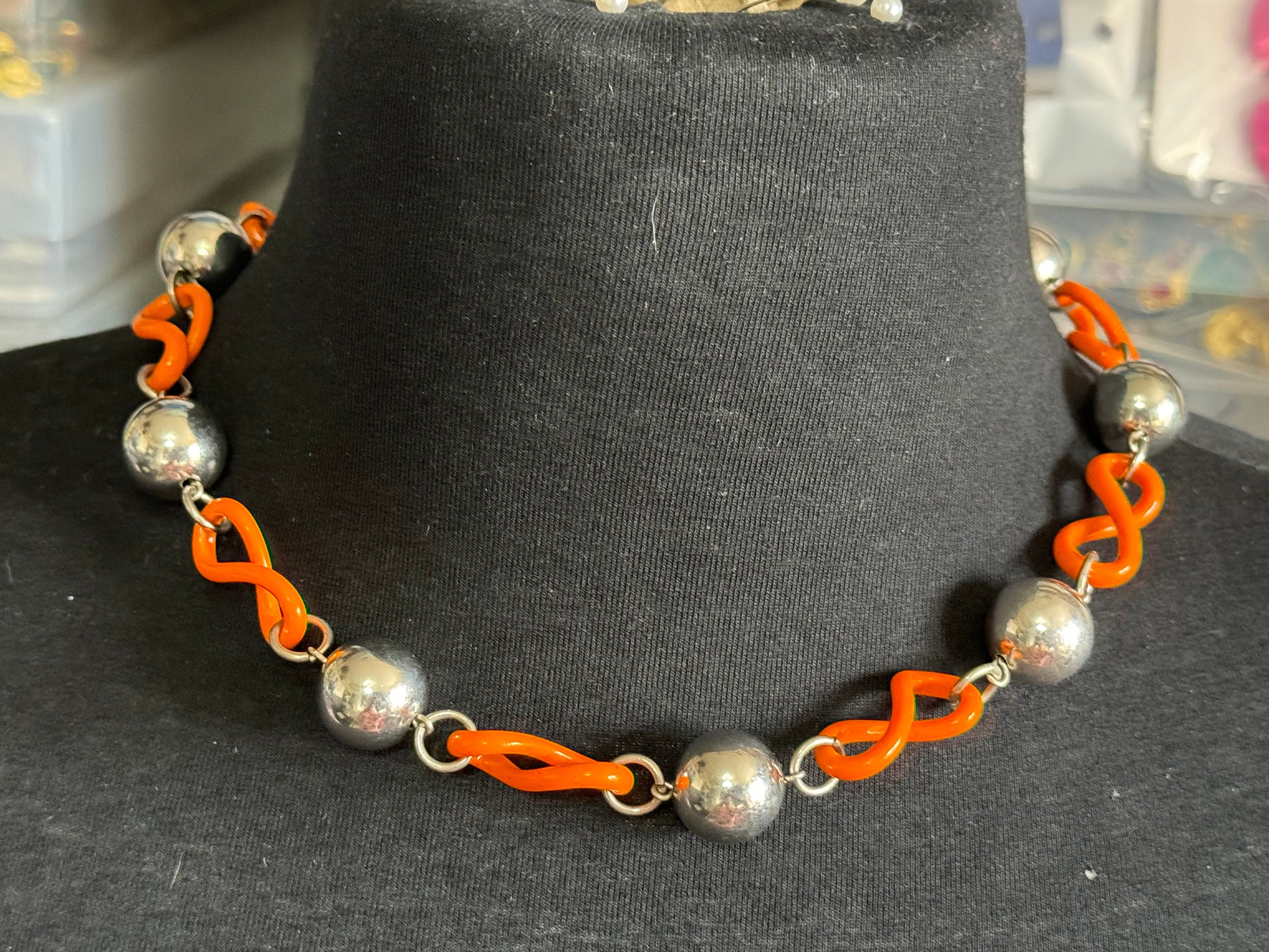 Art Deco Jakob Bengel Necklace: Chrome, Orange Galalith, Geometric Beads