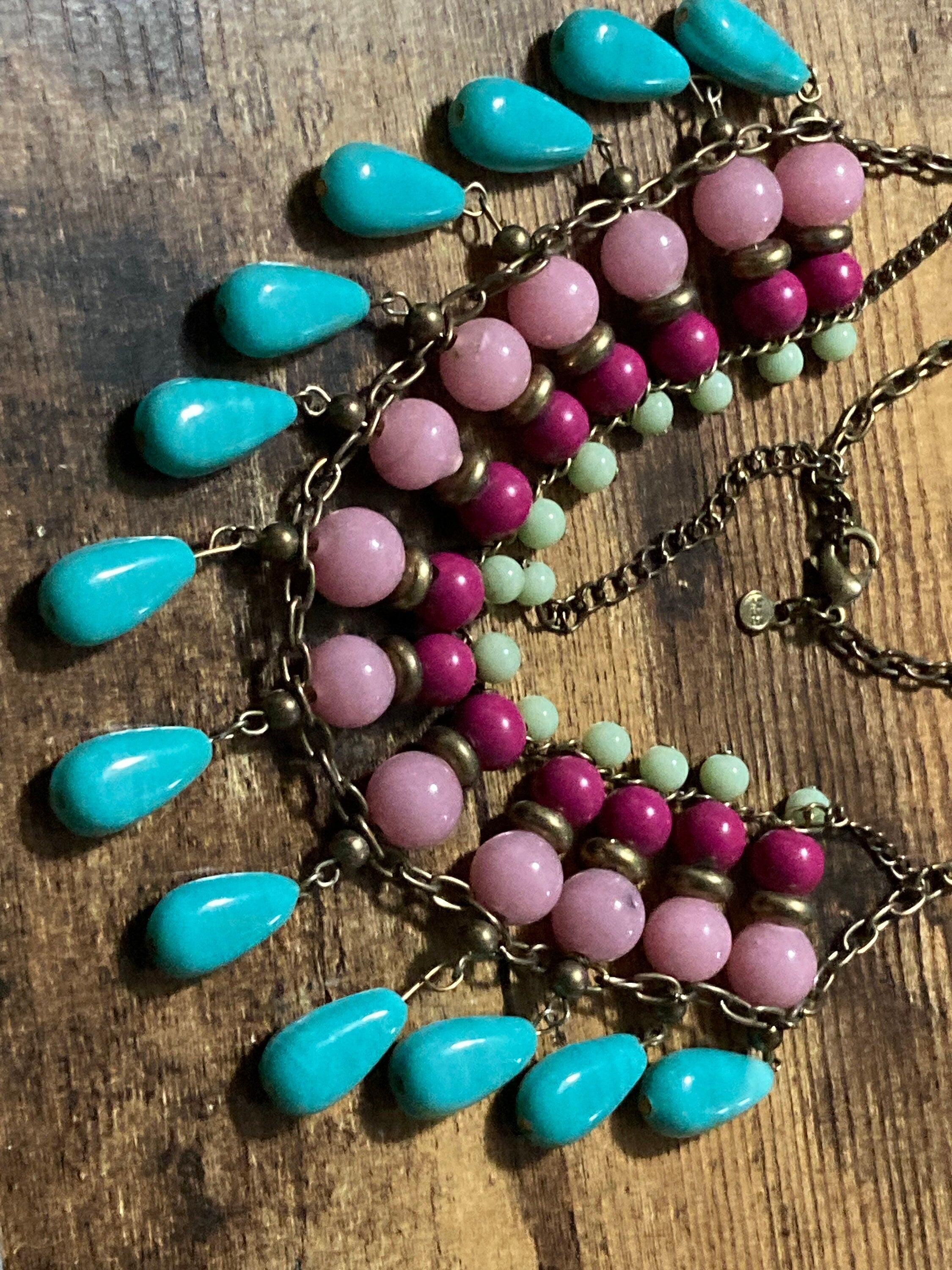 Retro turquoise pink beaded bib necklace M&S glass