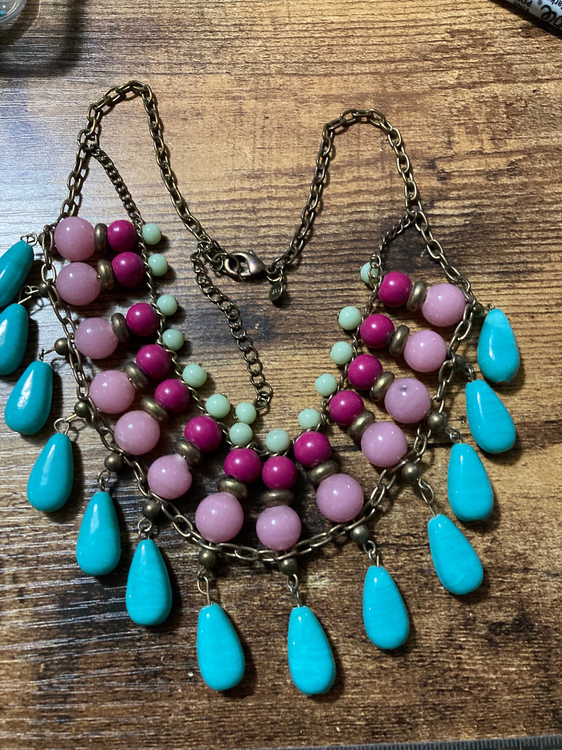 Retro turquoise pink beaded bib necklace M&S glass