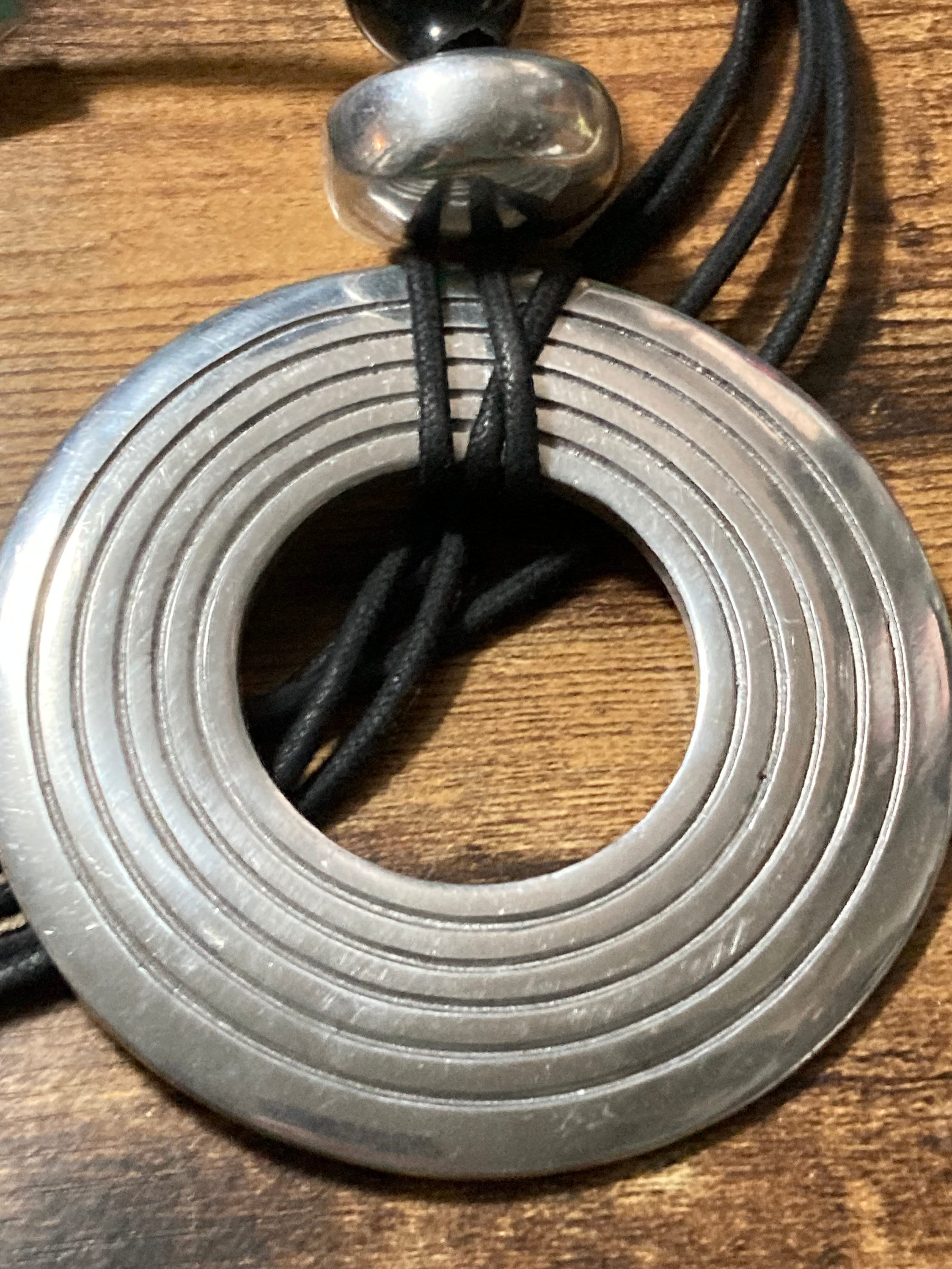 Huge oversized silver metal disc statement necklace black beads adjustable