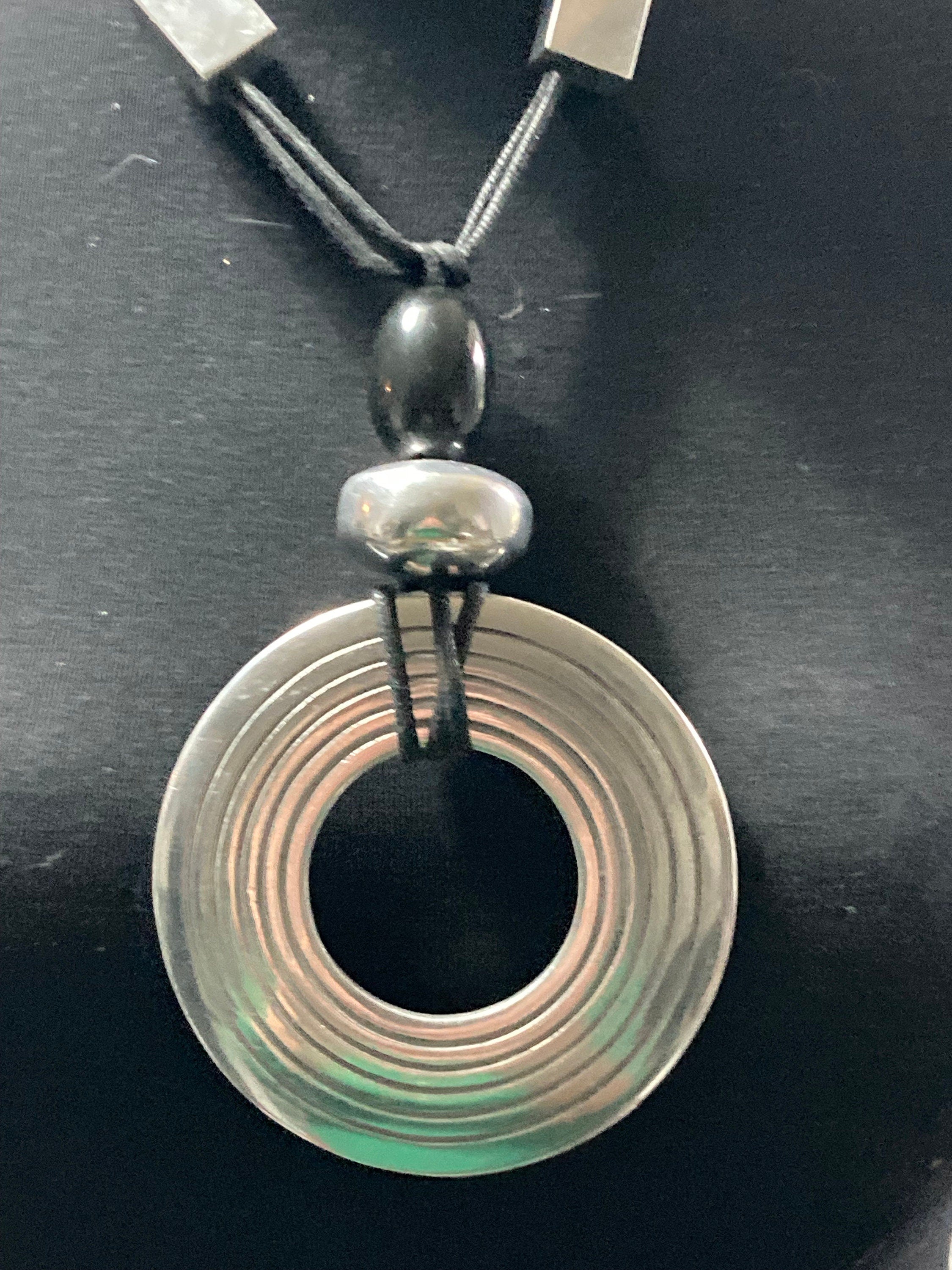 Huge oversized silver metal disc statement necklace black beads adjustable