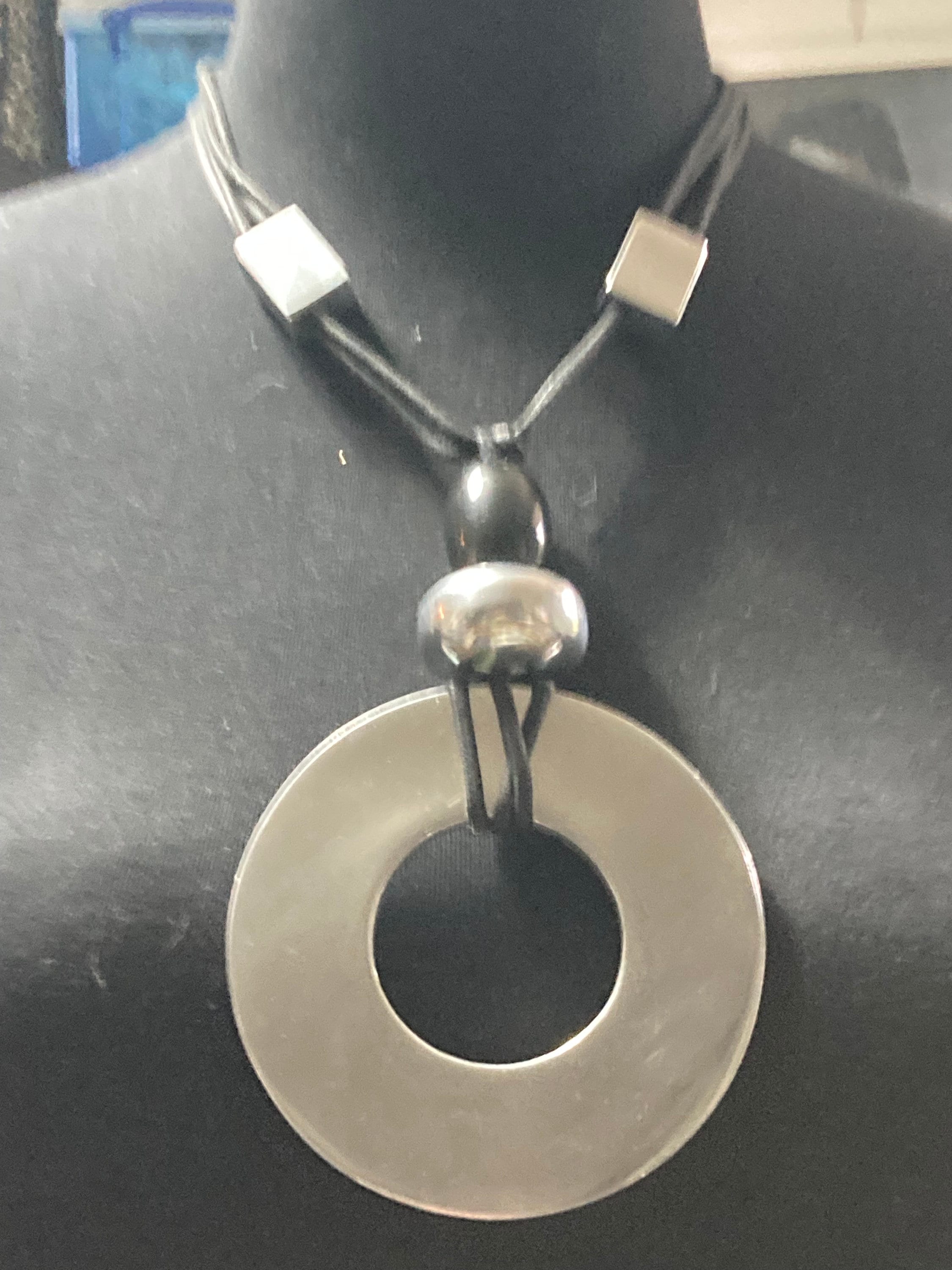 Huge oversized silver metal disc statement necklace black beads adjustable