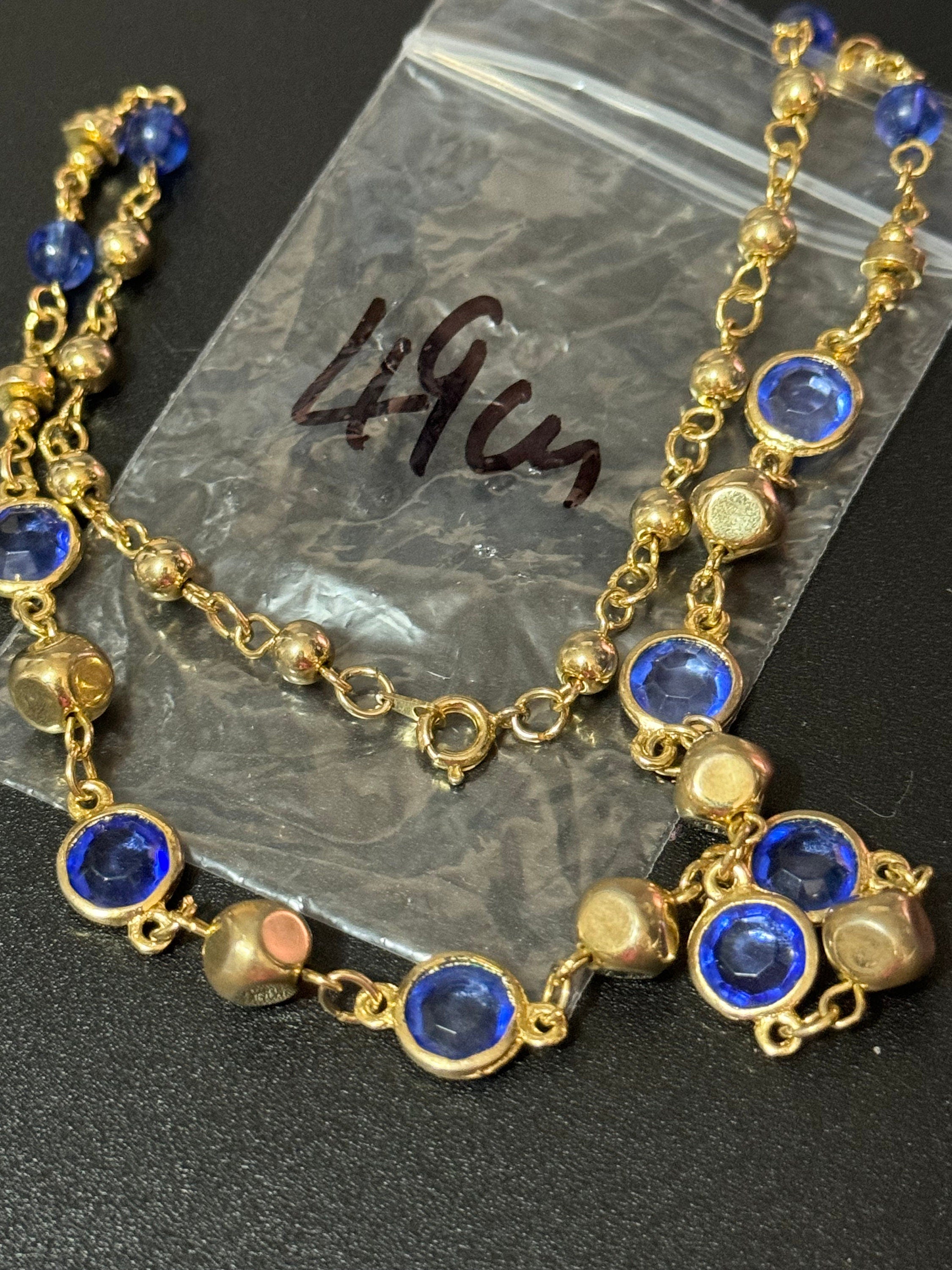 Rivière bezel set blue Plastic vintage gold tone chain link bead necklace 49cm