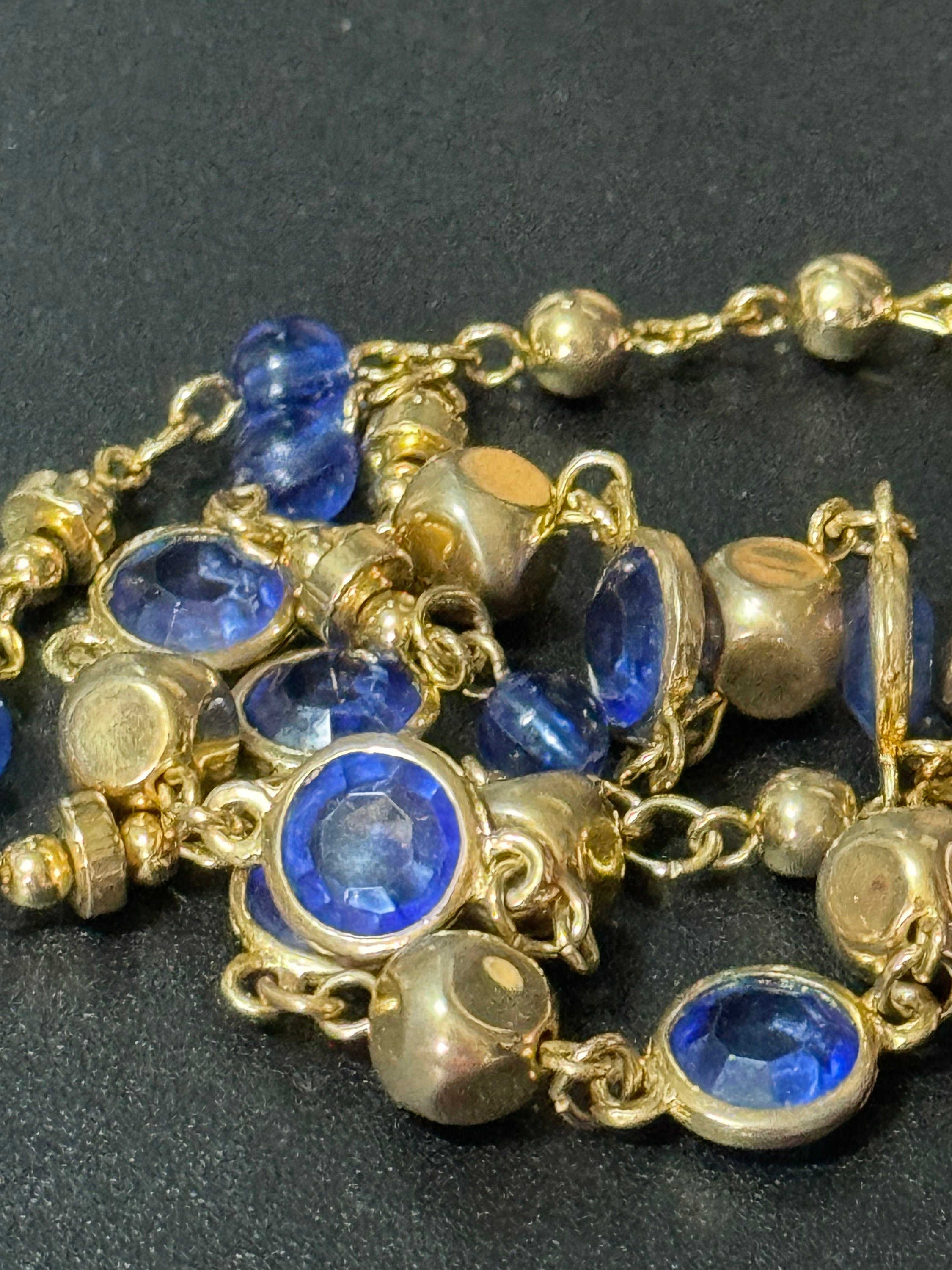 Rivière bezel set blue Plastic vintage gold tone chain link bead necklace 49cm