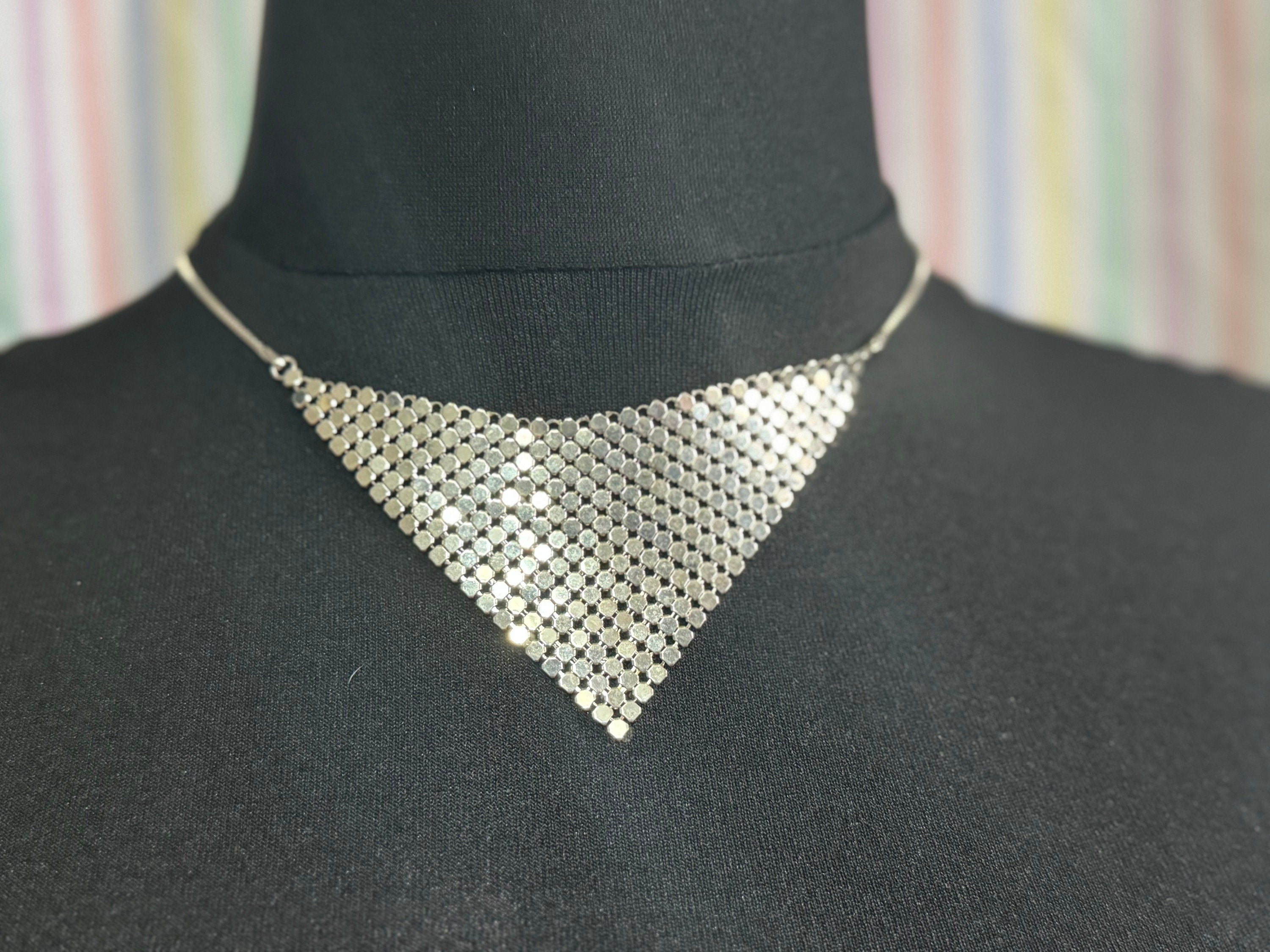 Retro Silver tone mesh box chain mail bib choker necklace 43cm