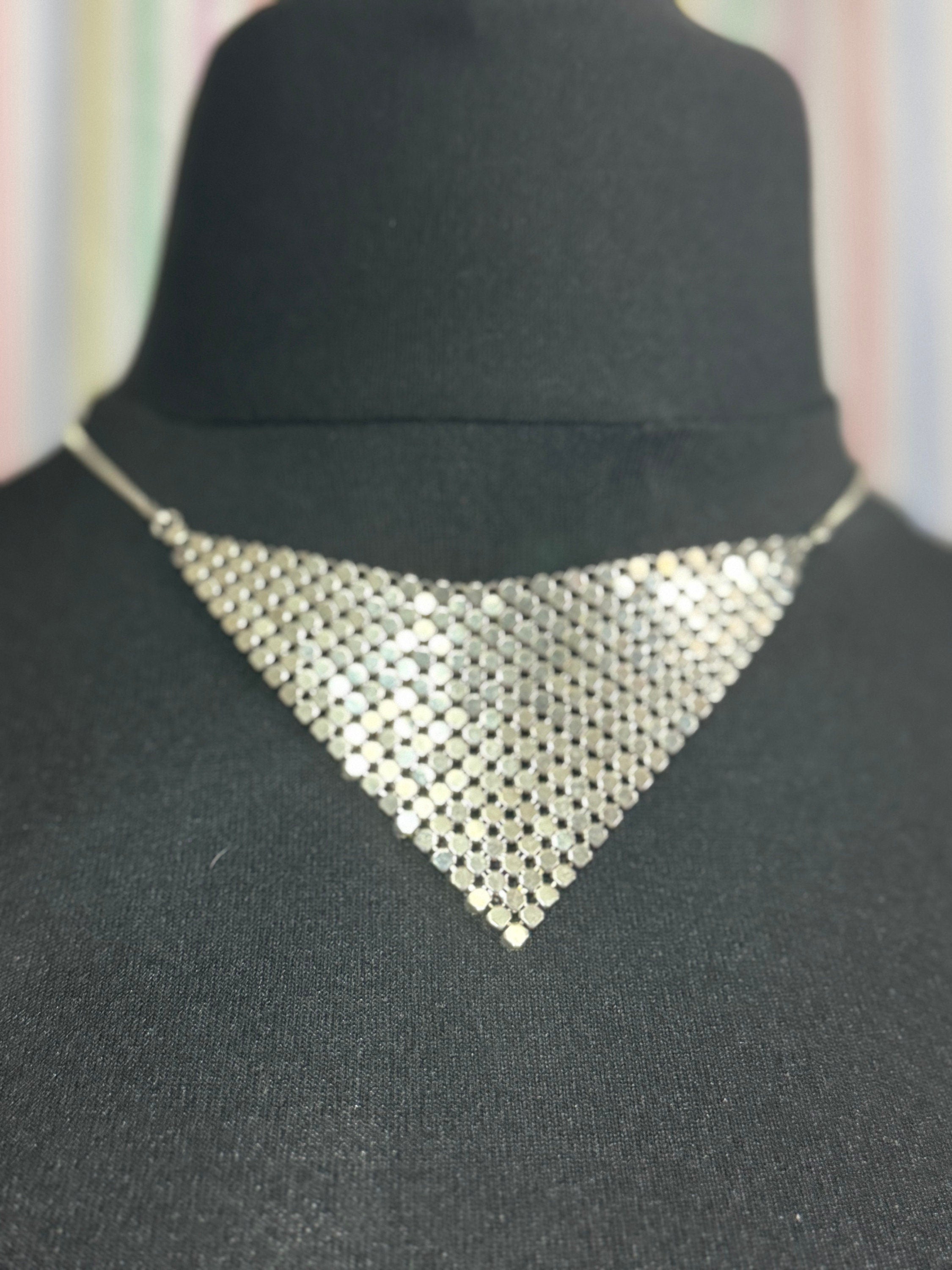 Retro Silver tone mesh box chain mail bib choker necklace 43cm