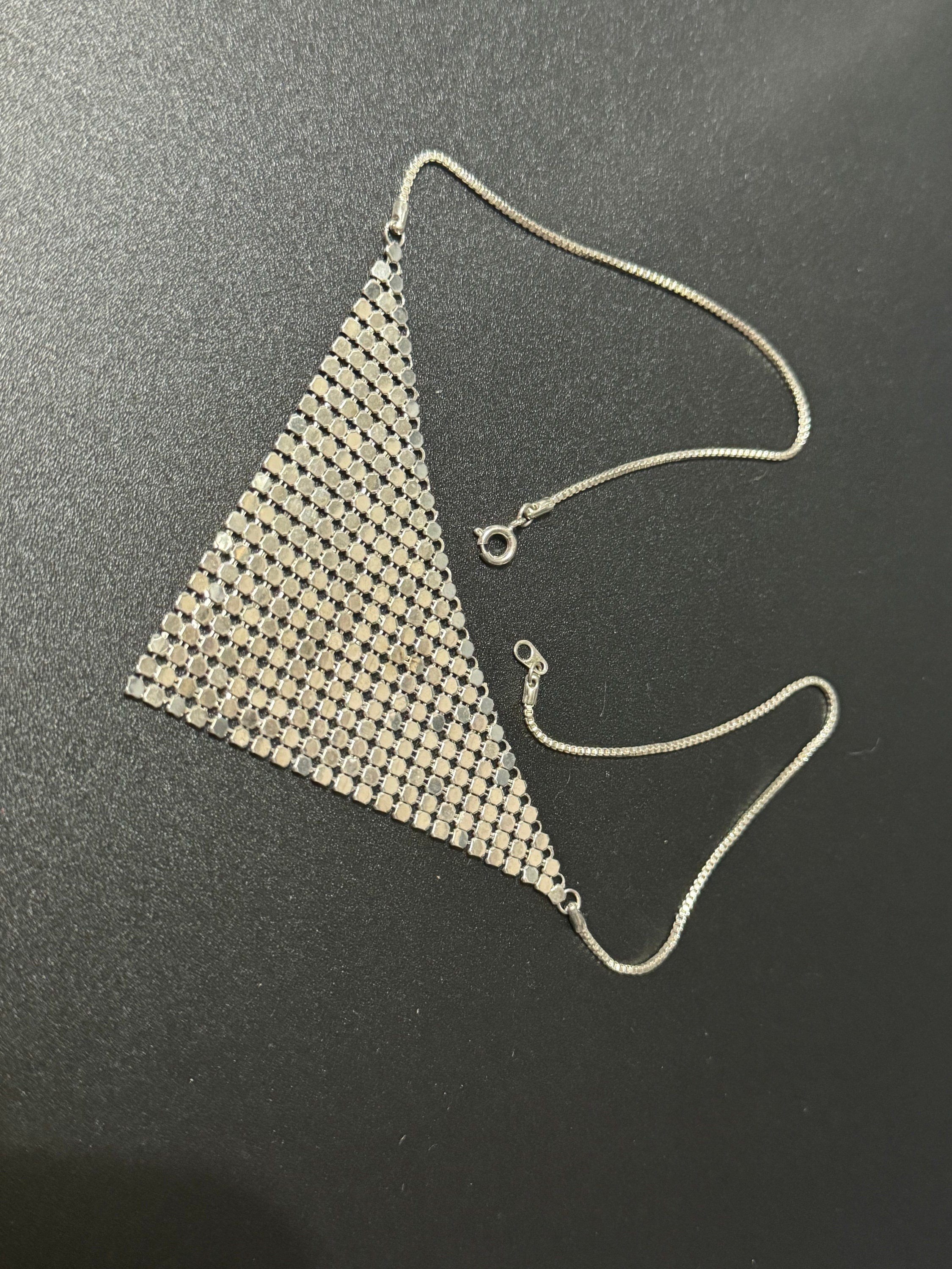 Retro Silver tone mesh box chain mail bib choker necklace 43cm