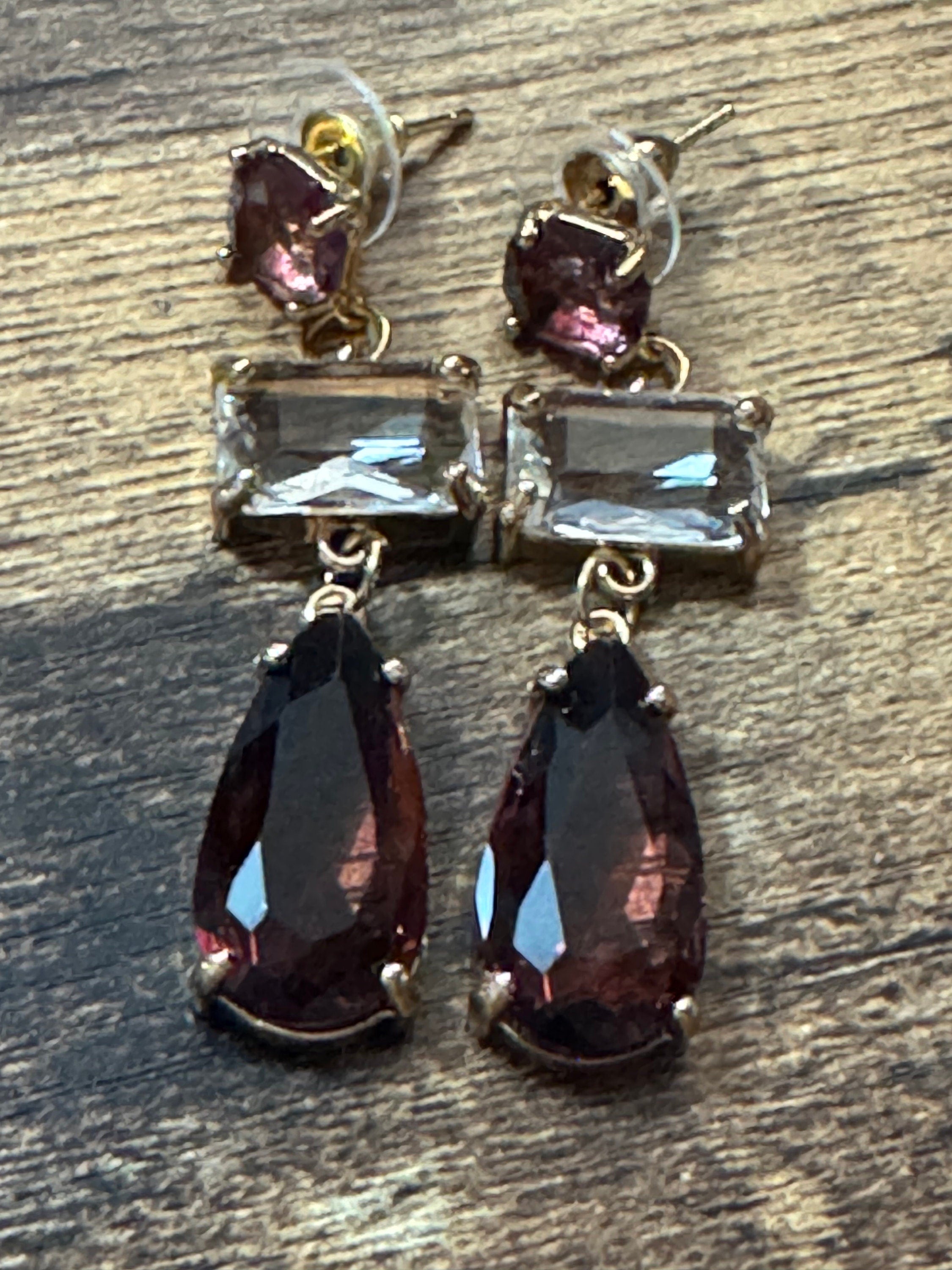 18k gold plated amethyst purple and clear long Crystal diamanté teardrop earrings