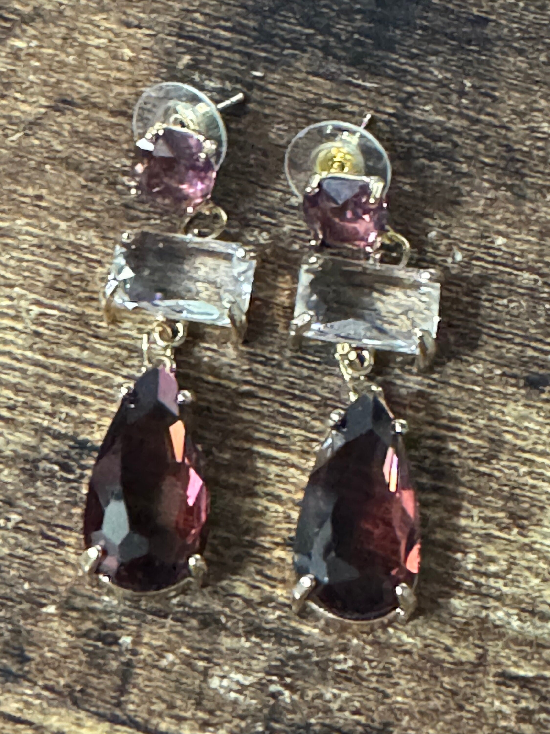 18k gold plated amethyst purple and clear long Crystal diamanté teardrop earrings