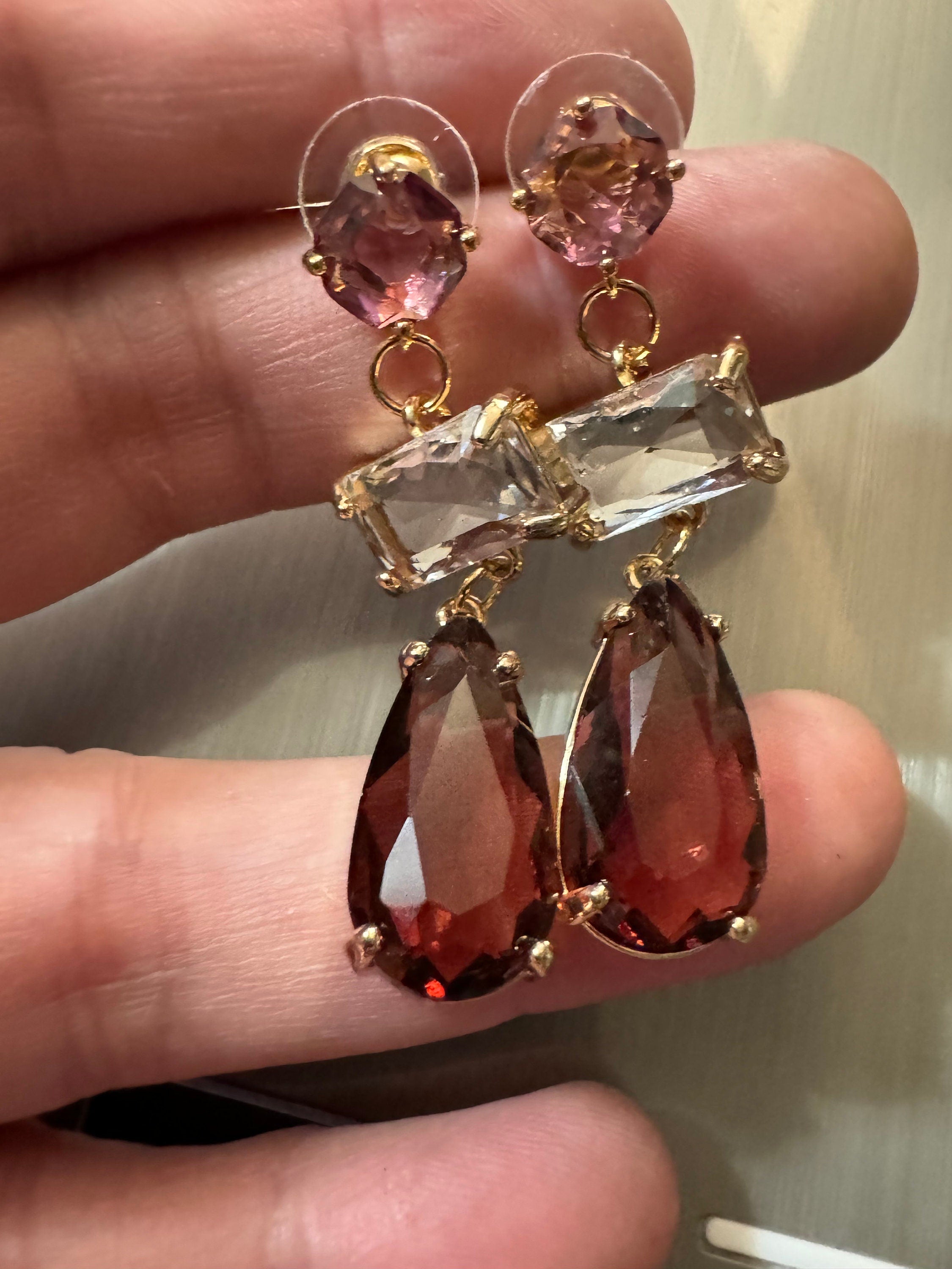 18k gold plated amethyst purple and clear long Crystal diamanté teardrop earrings