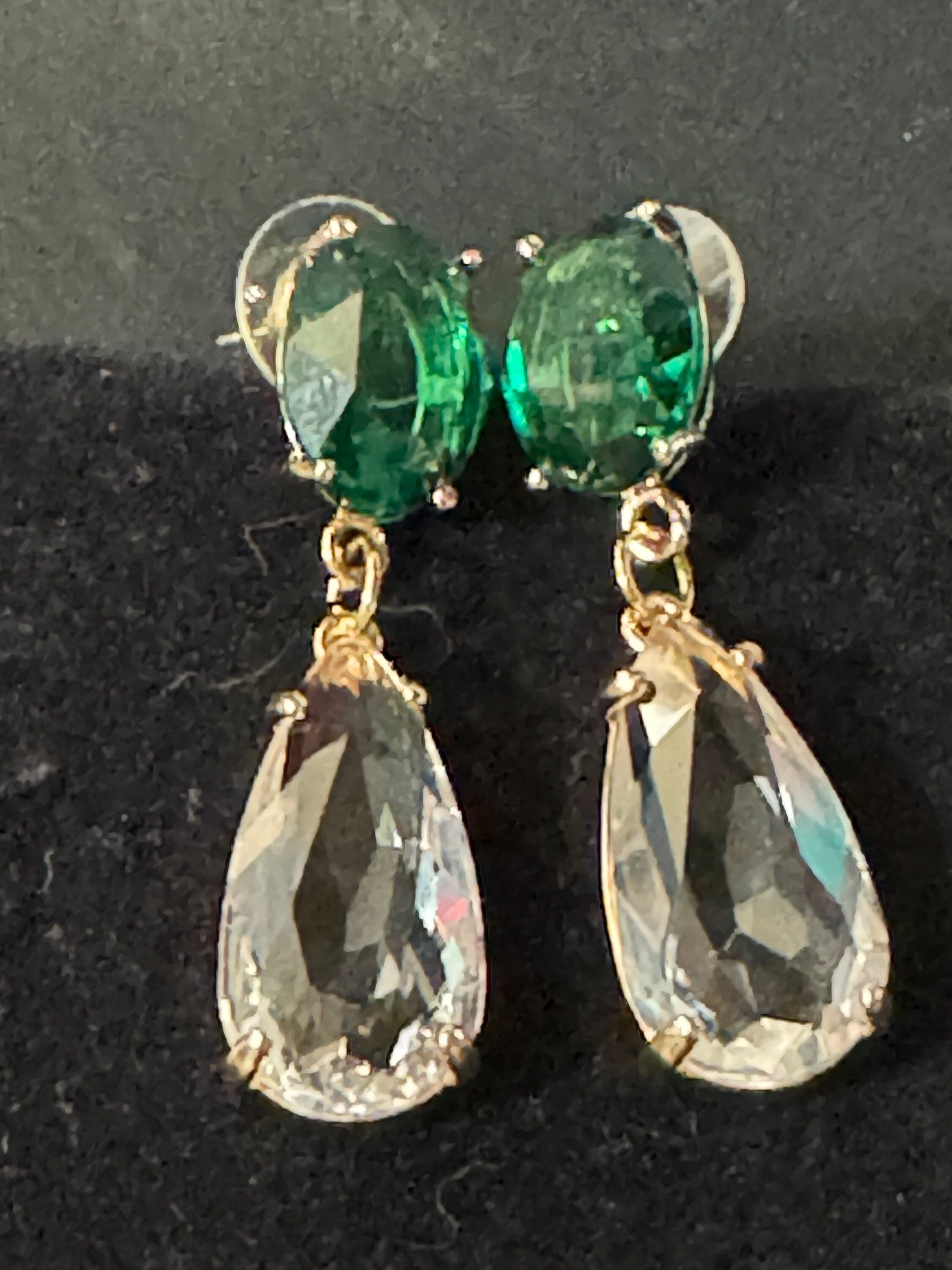 18k Gold plated emerald green clear crystal diamanté rhinestone dangly long drop earrings