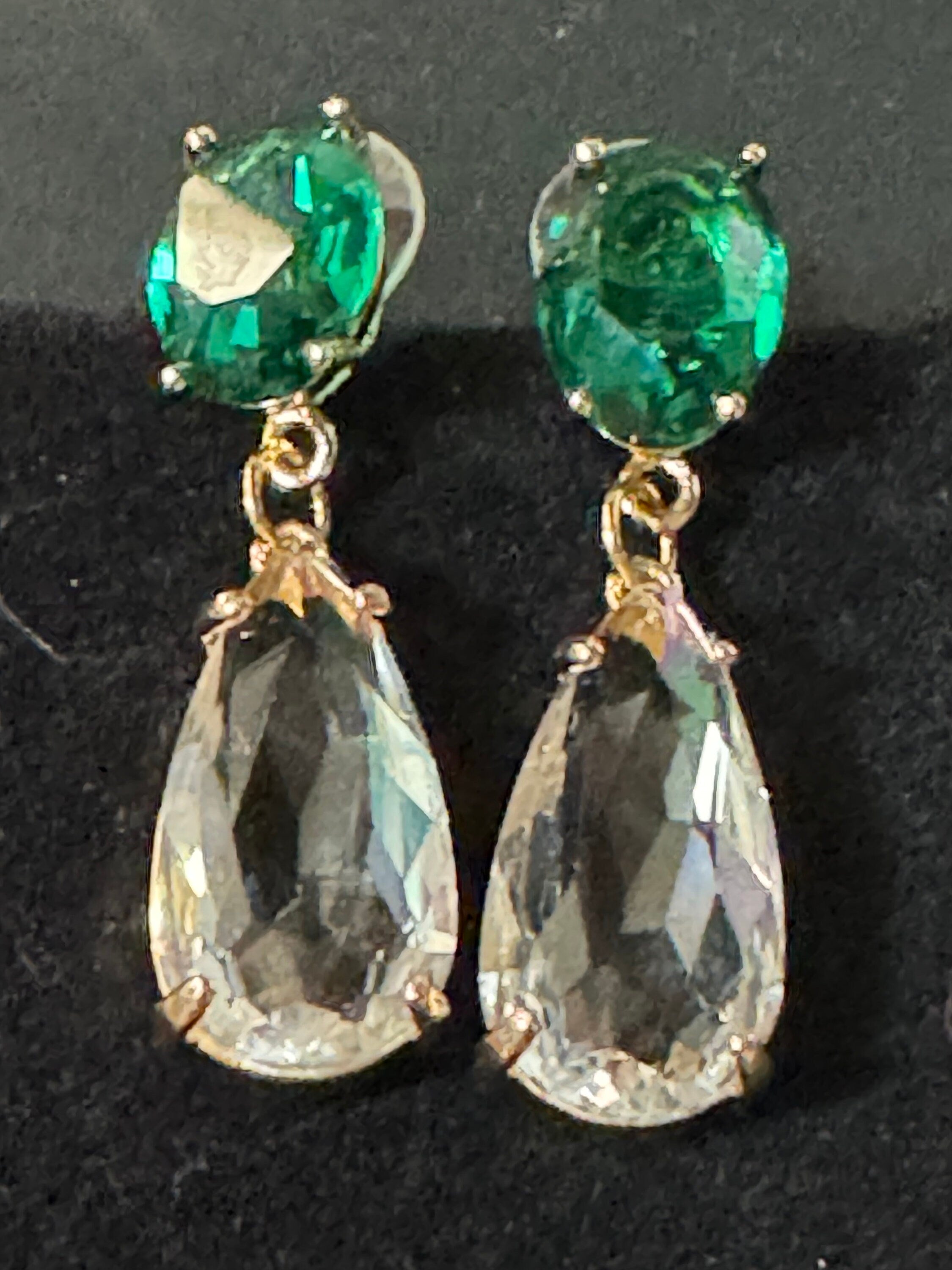 18k Gold plated emerald green clear crystal diamanté rhinestone dangly long drop earrings