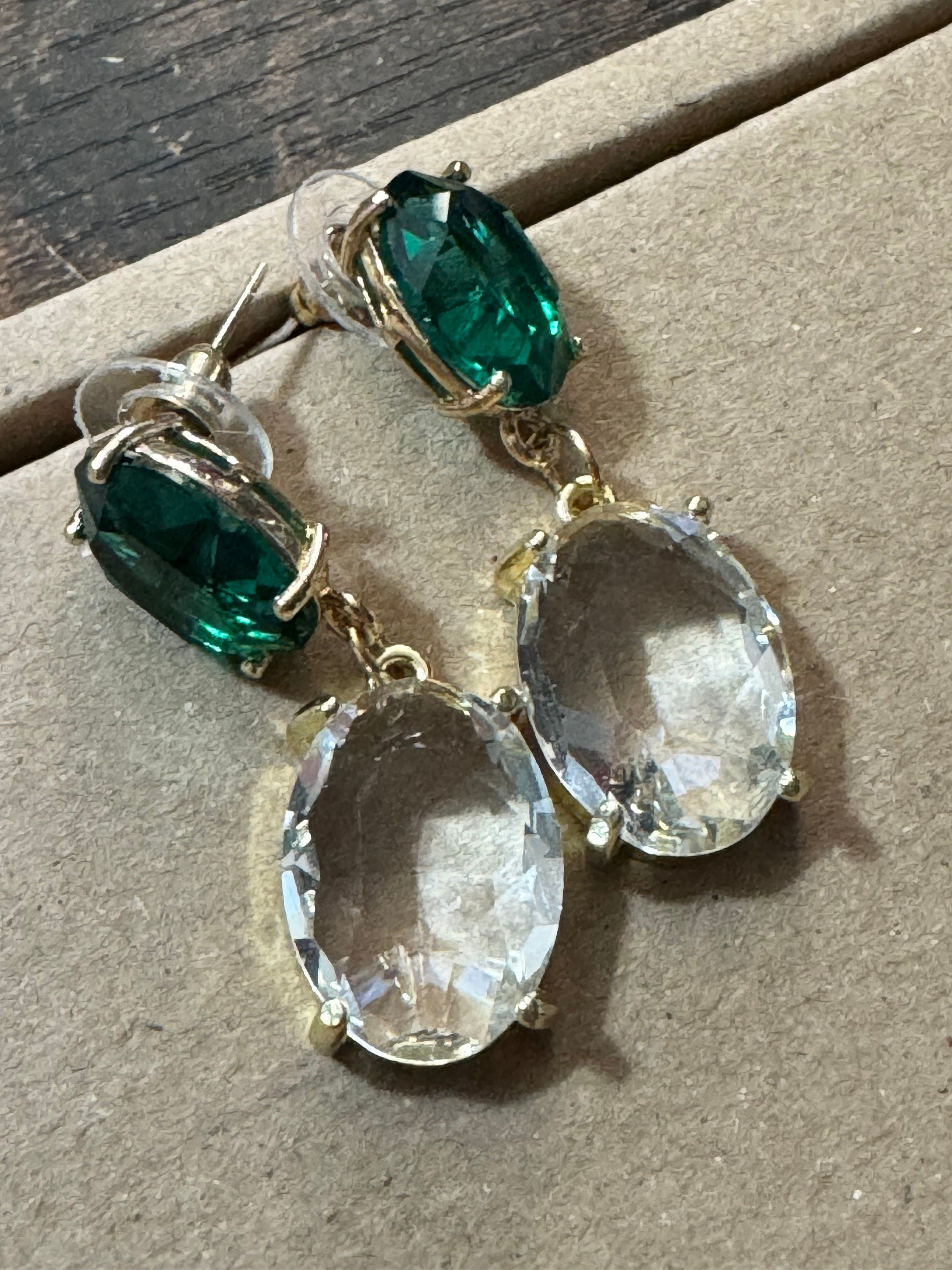 18k Gold plated emerald green clear crystal diamanté rhinestone dangly oval drop earrings