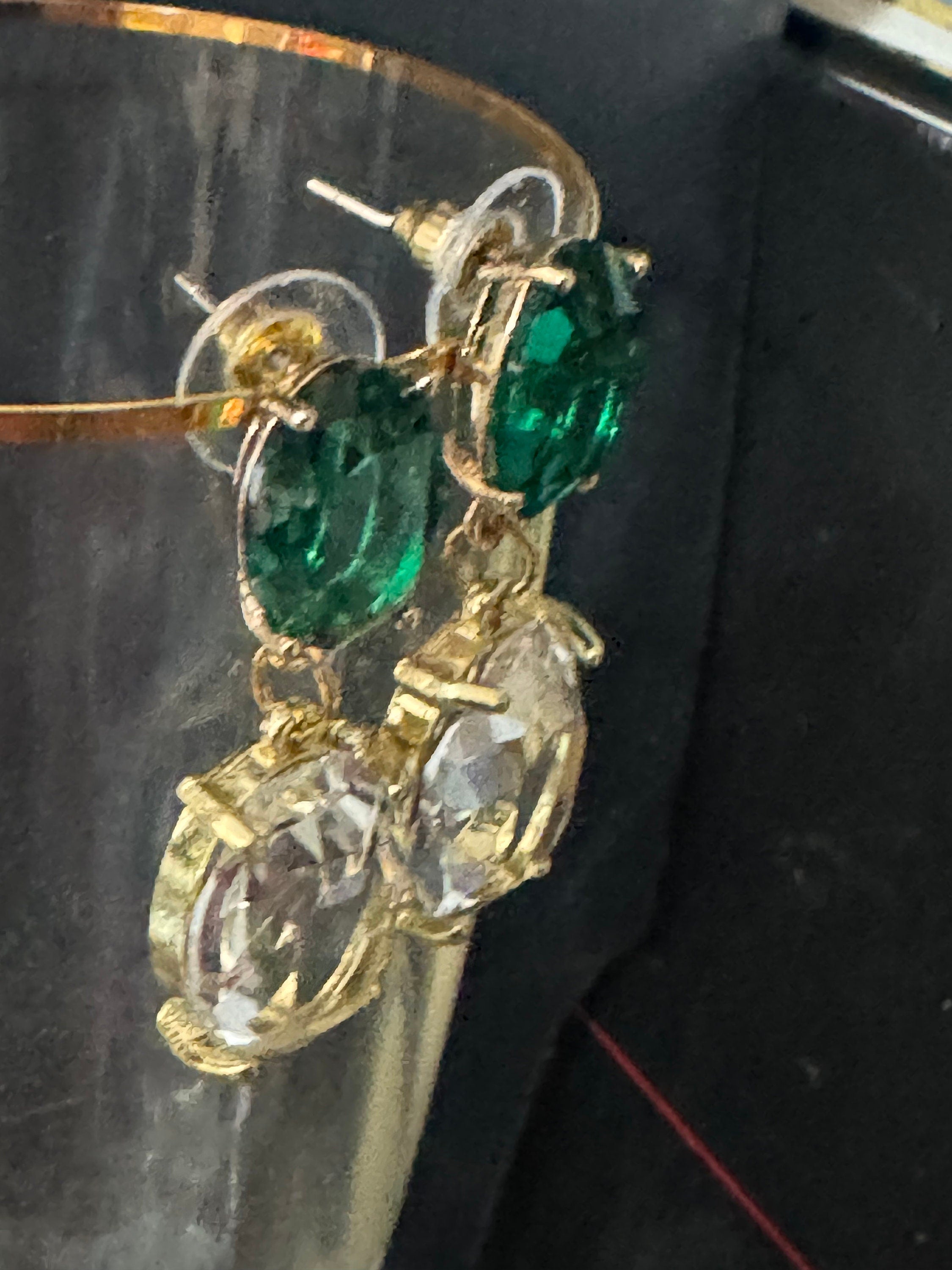 18k Gold plated emerald green clear crystal diamanté rhinestone dangly oval drop earrings