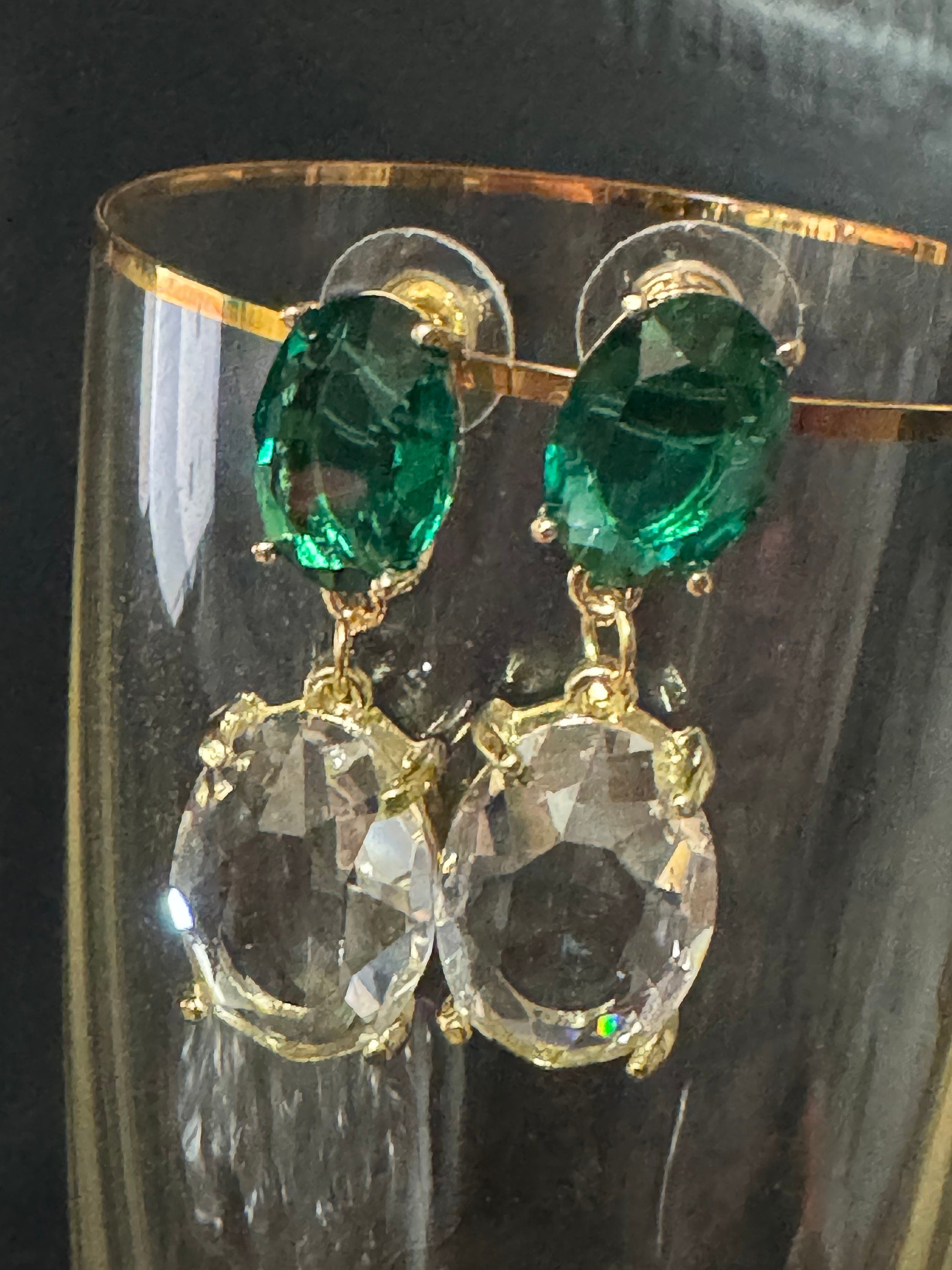 18k Gold plated emerald green clear crystal diamanté rhinestone dangly oval drop earrings