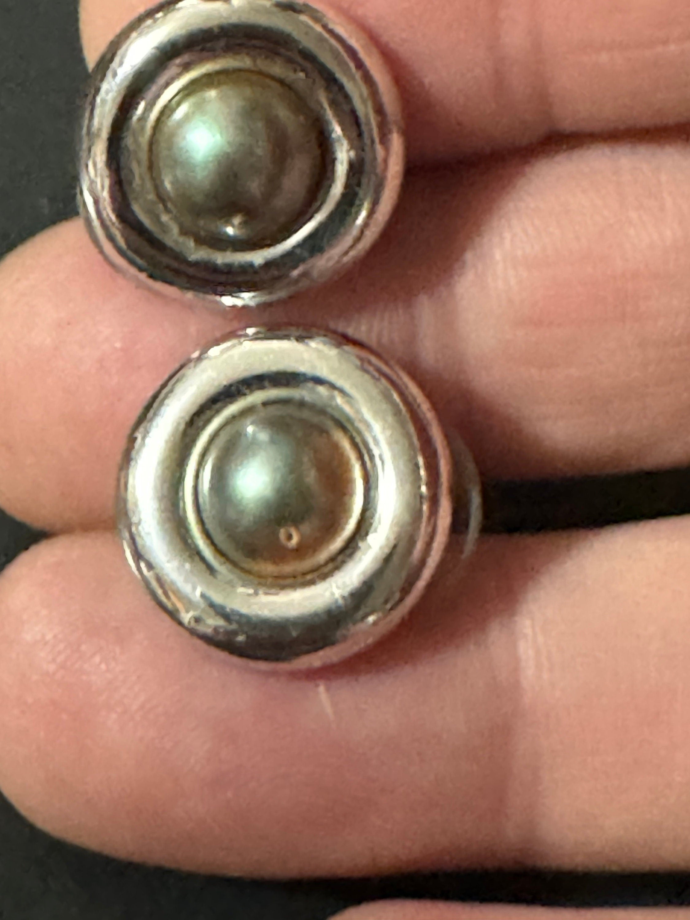 Vintage signed GROSSE brushed gold tone and silver small domed round pierced stud earrings