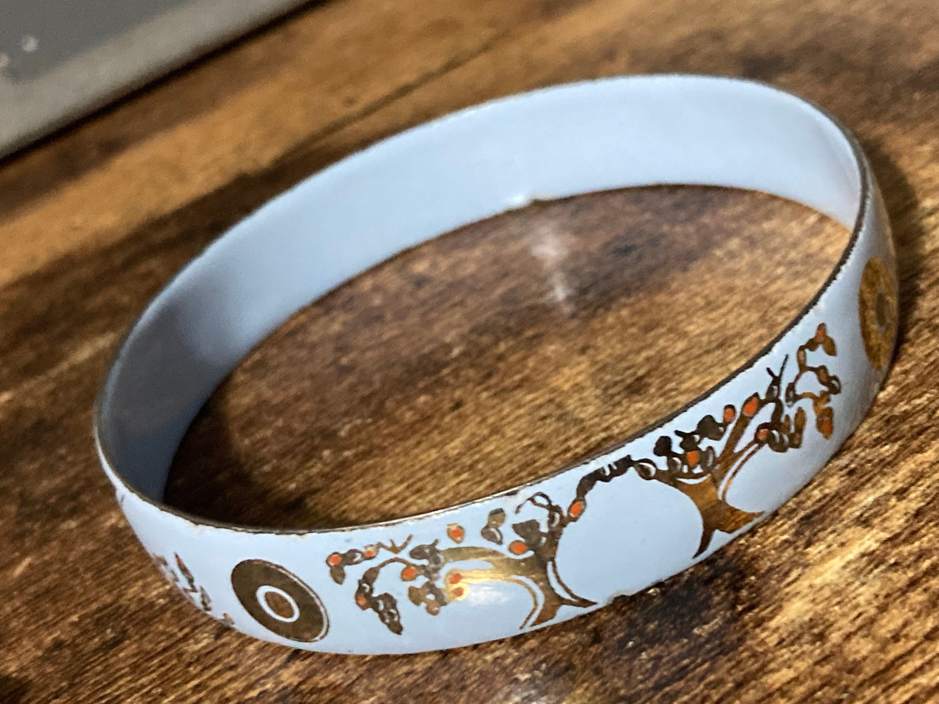 Vintage signed Marlene Capri light blue gold enamel antique floral style bangle