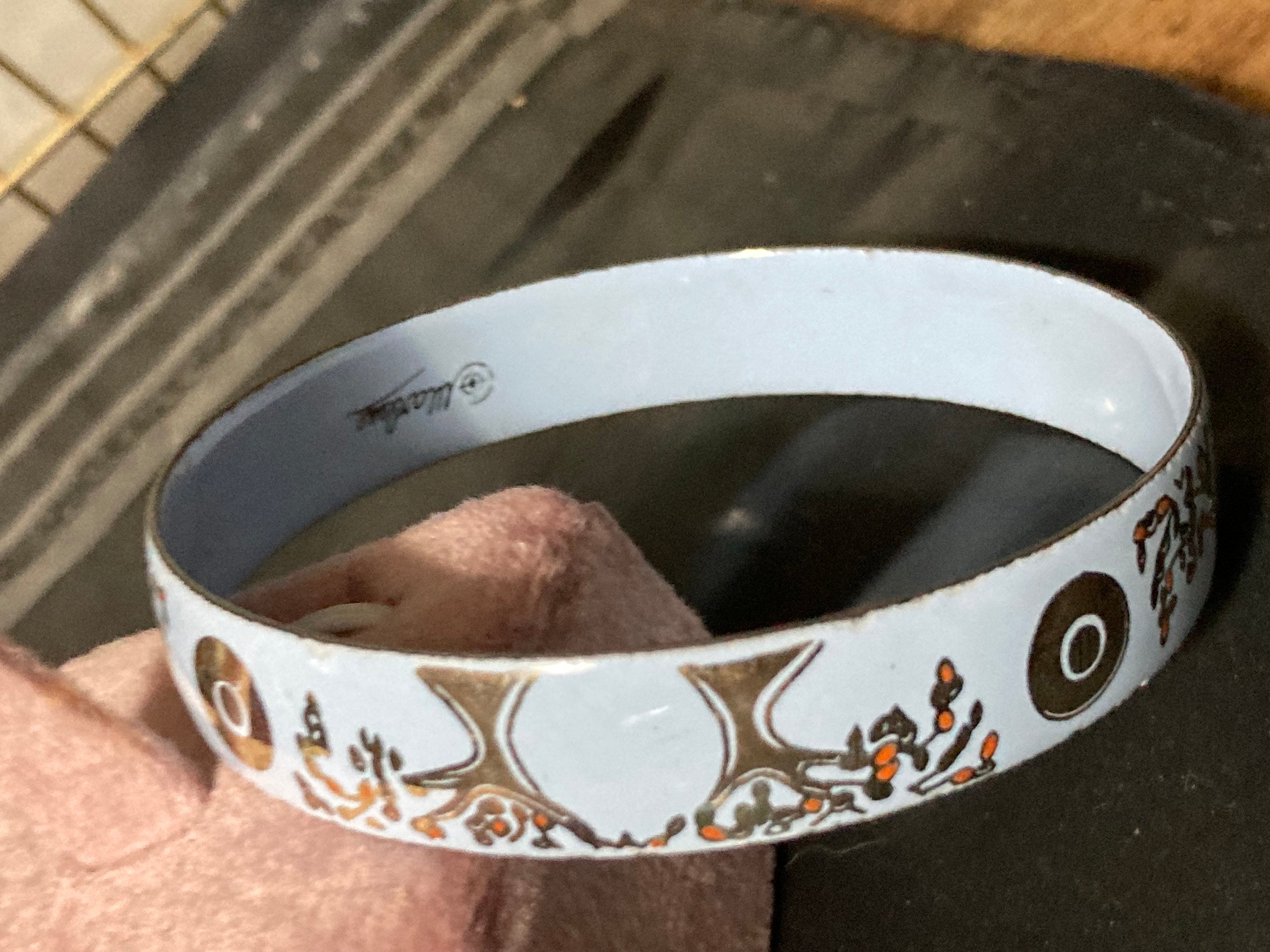 Vintage signed Marlene Capri light blue gold enamel antique floral style bangle