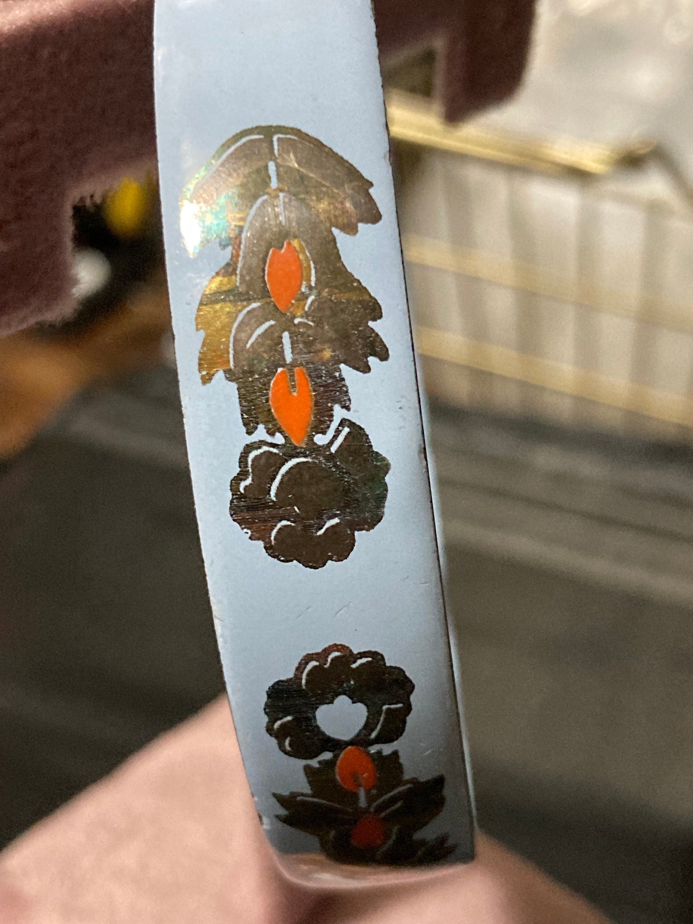 Vintage signed Marlene Capri white orange gold enamel antique floral style bangle