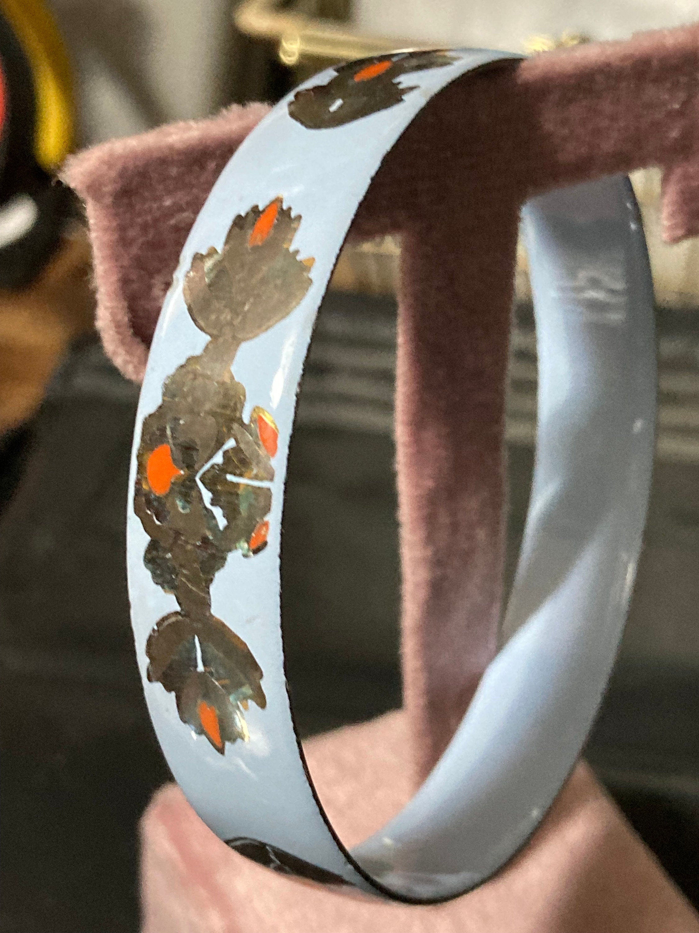 Vintage signed Marlene Capri white orange gold enamel antique floral style bangle