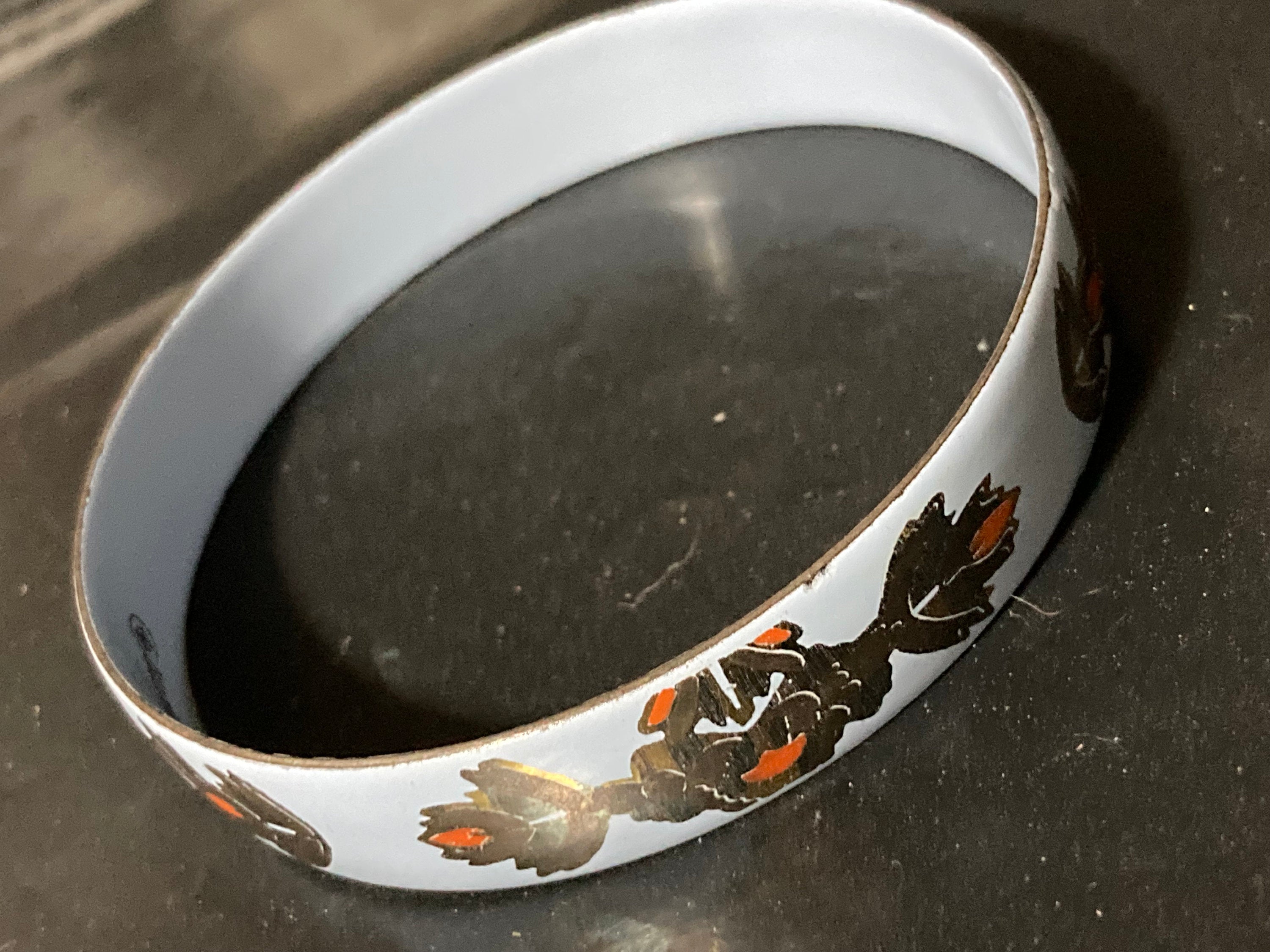 Vintage signed Marlene Capri white orange gold enamel antique floral style bangle