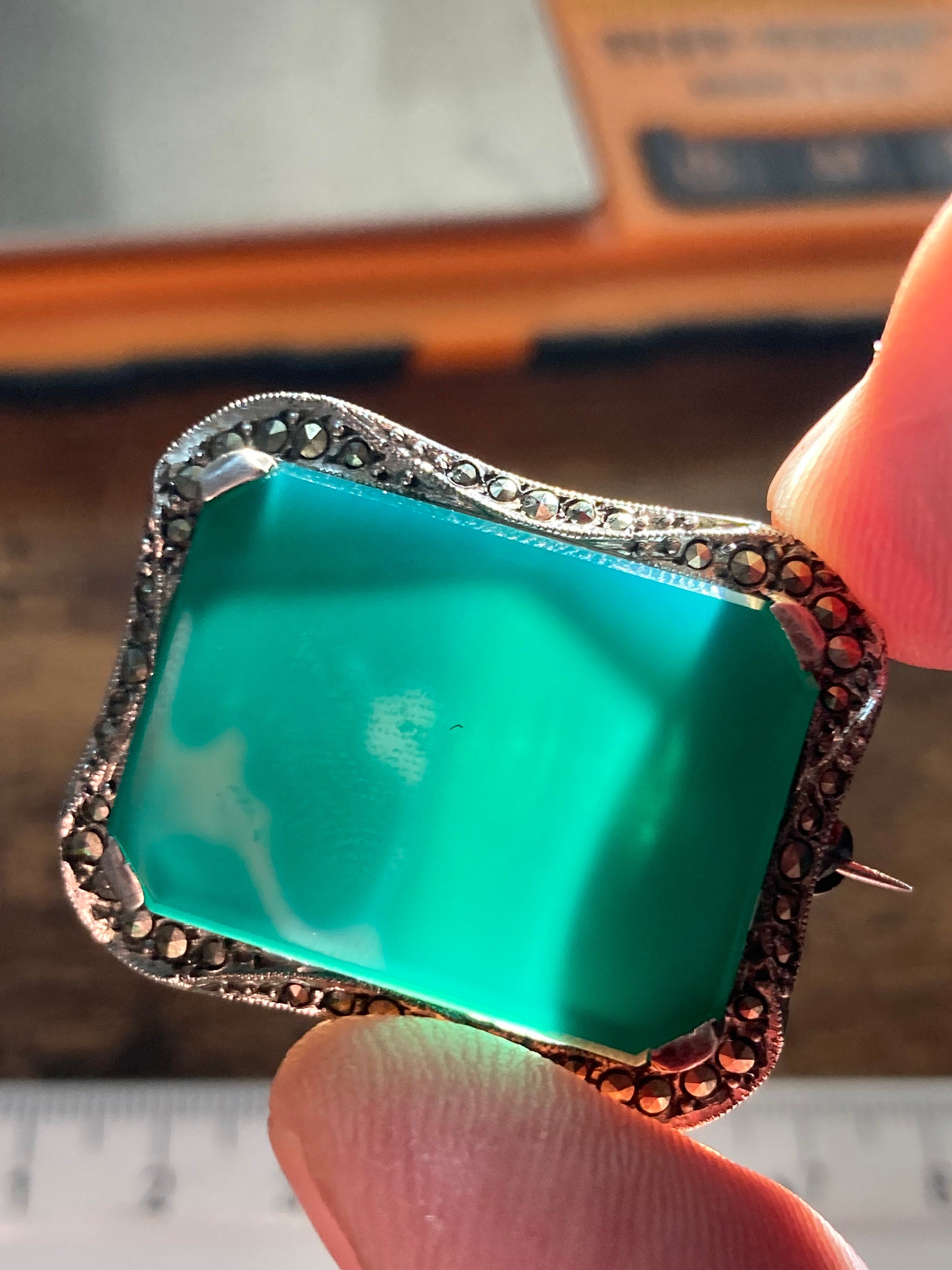 Edwardian Antique Vintage Art Deco Green Glass Chrysoprase Sterling 925  solid silver marcasite Brooch 1920s 1930s 1940s