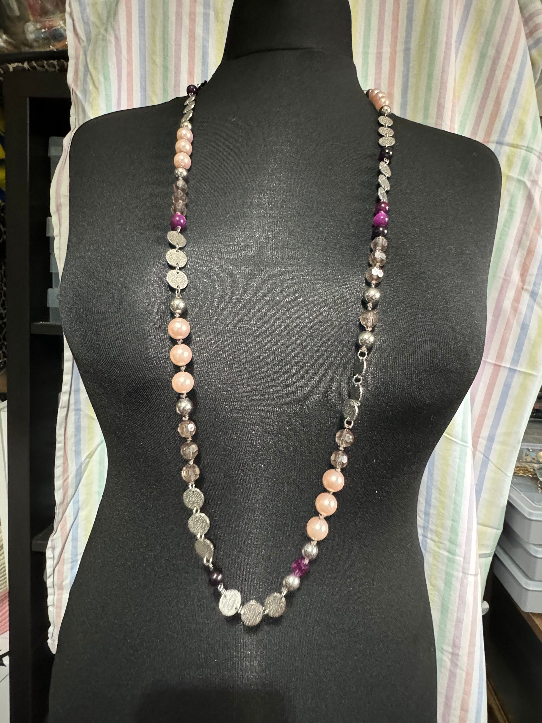 Retro long plastic beaded pink pearl faux crystal and purple beaded layering necklace 110cm