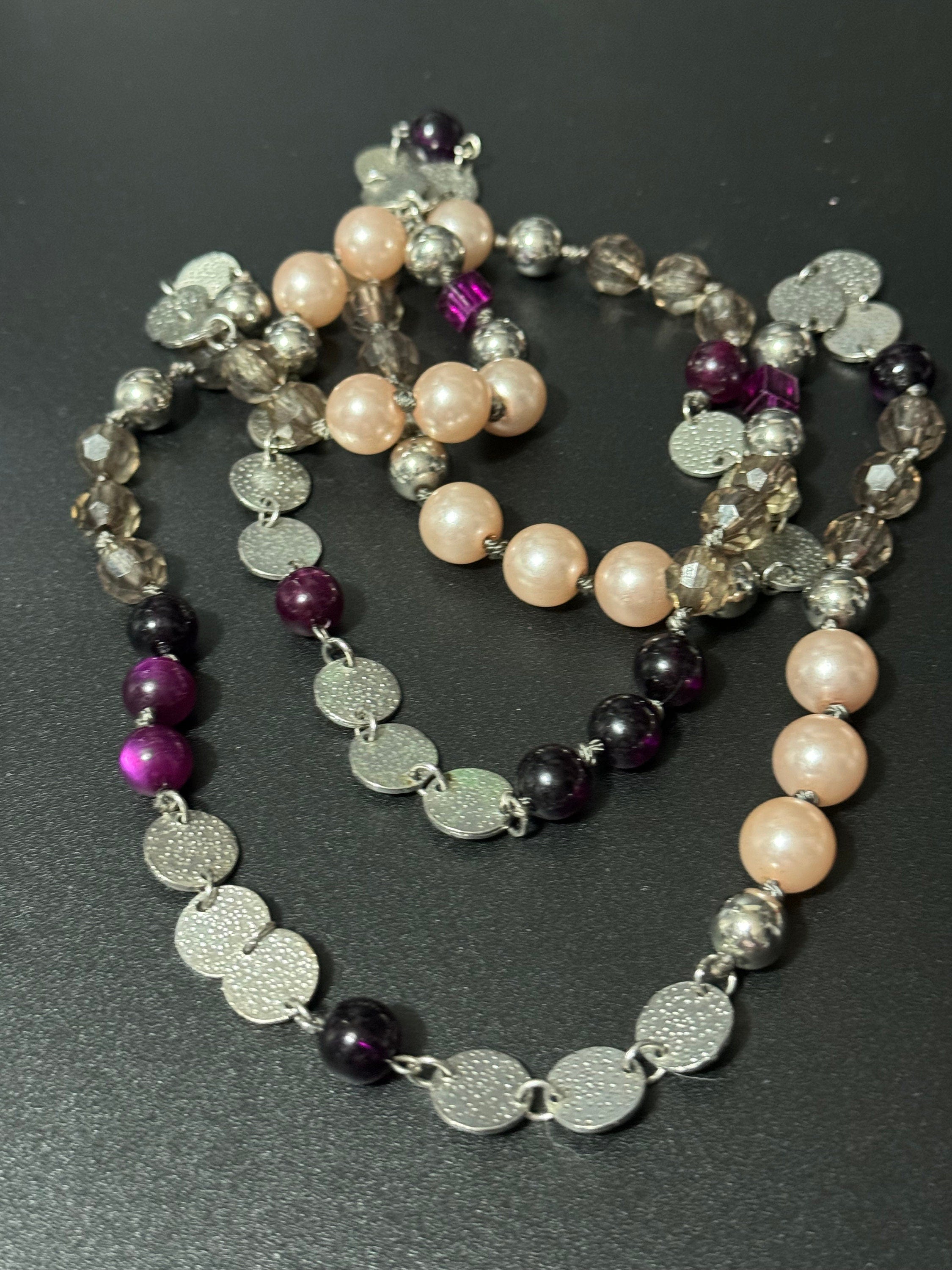 Retro long plastic beaded pink pearl faux crystal and purple beaded layering necklace 110cm