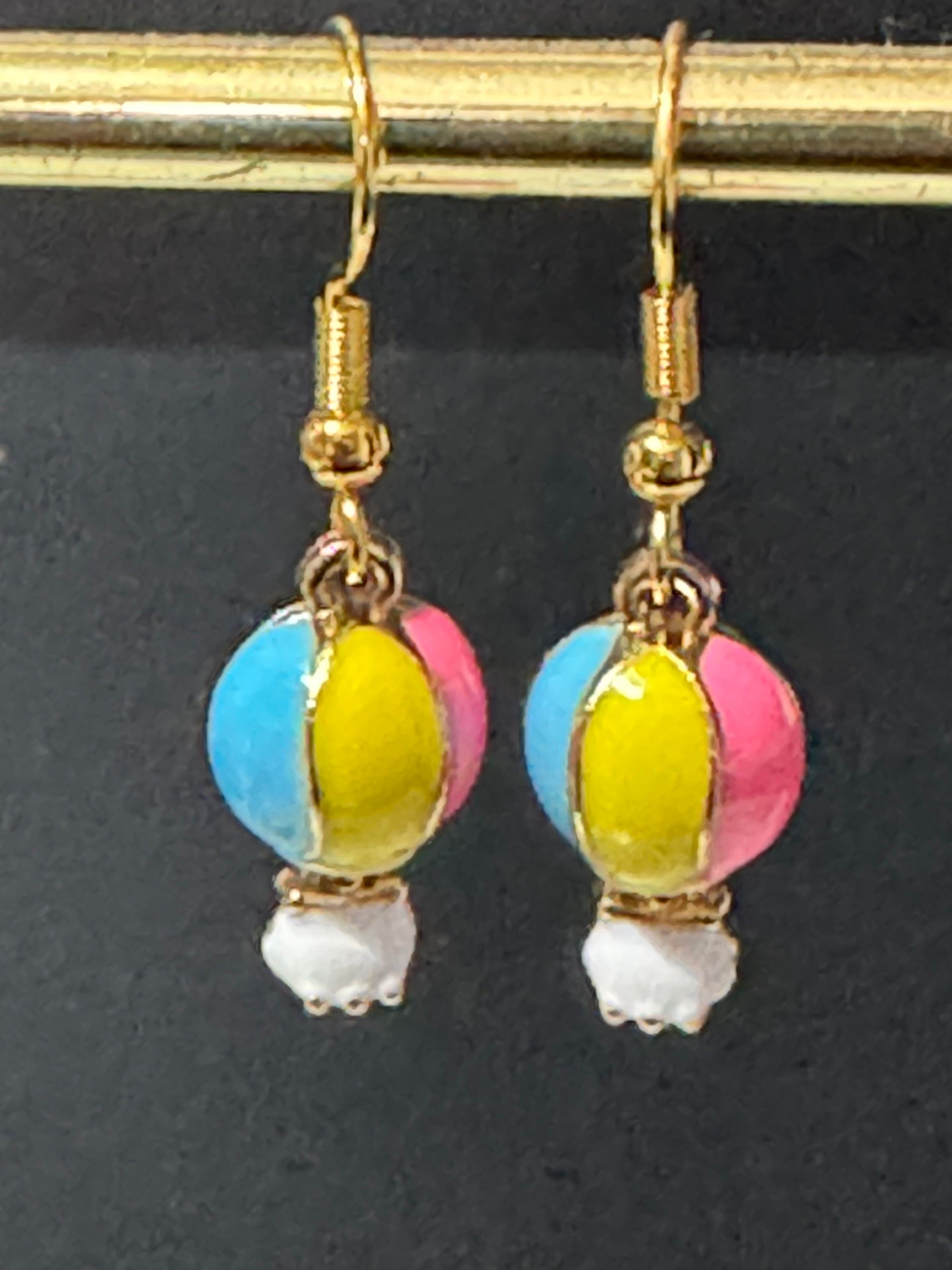 Novelty pink yellow blue enamel small hot air balloon drop earrings for pierced ears