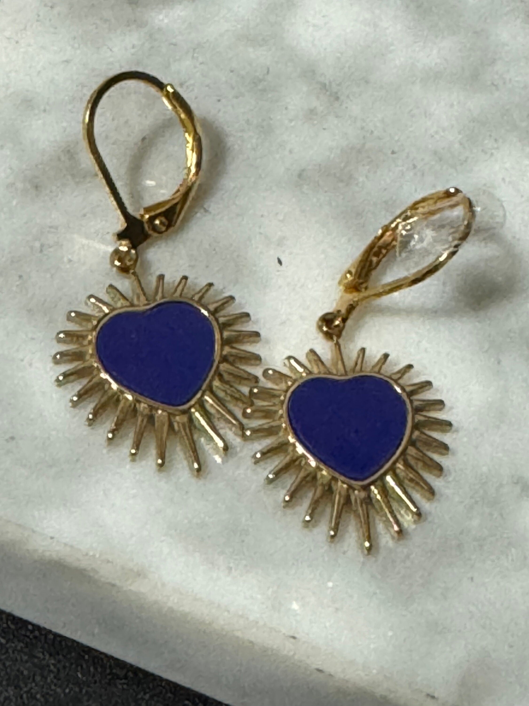 Gold tone blue enamel starburst love heart charm earrings Victoriana style pierced