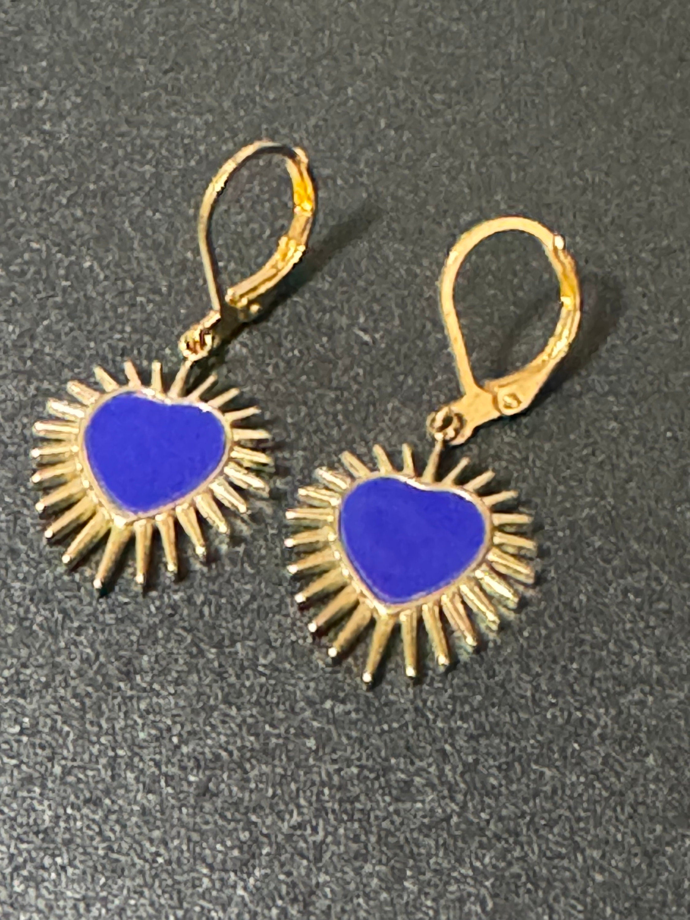 Gold tone blue enamel starburst love heart charm earrings Victoriana style pierced