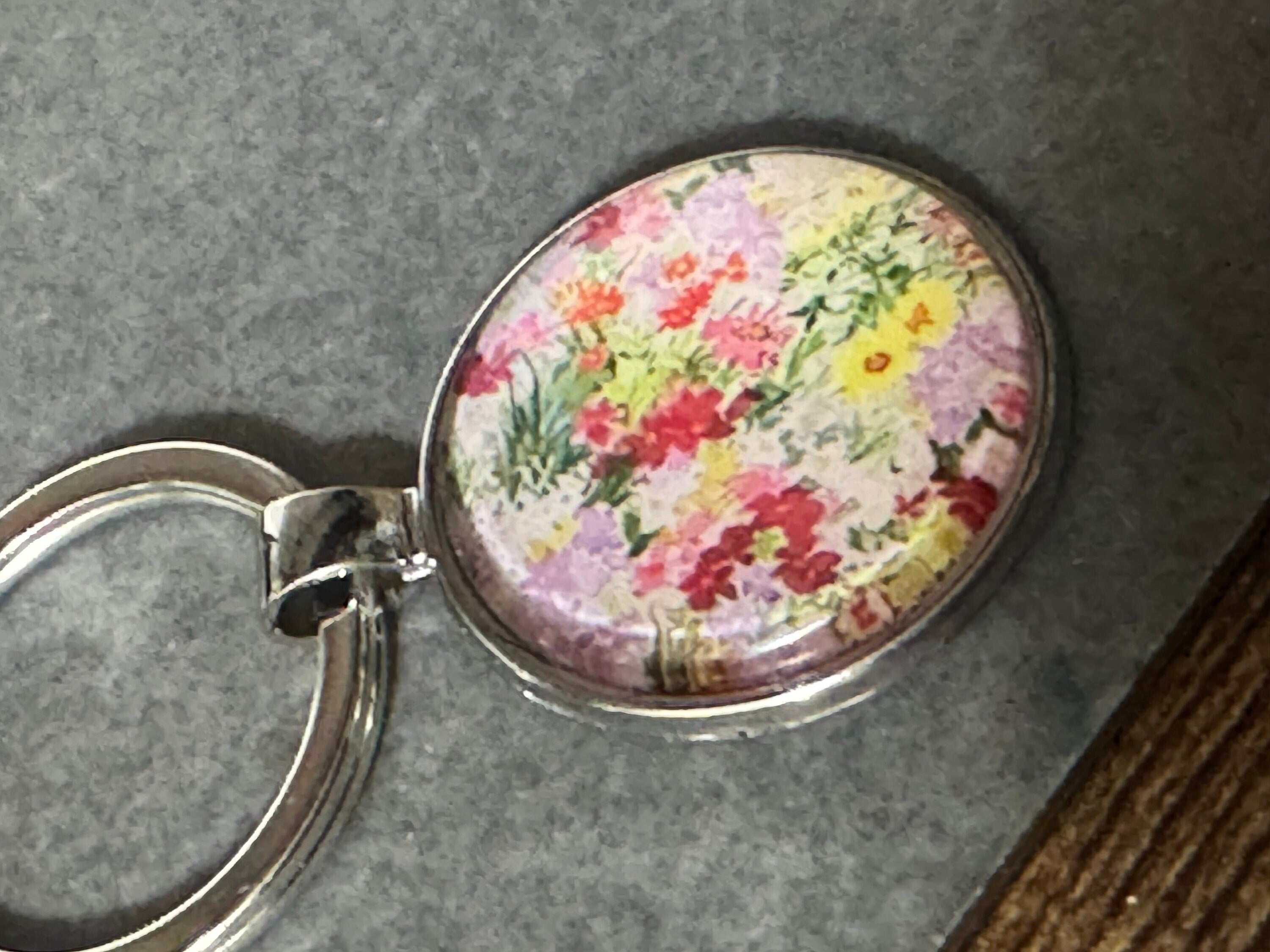 Handmade garden yellow Pink flowers silver tone floral keyring with 25mm glass cabochon