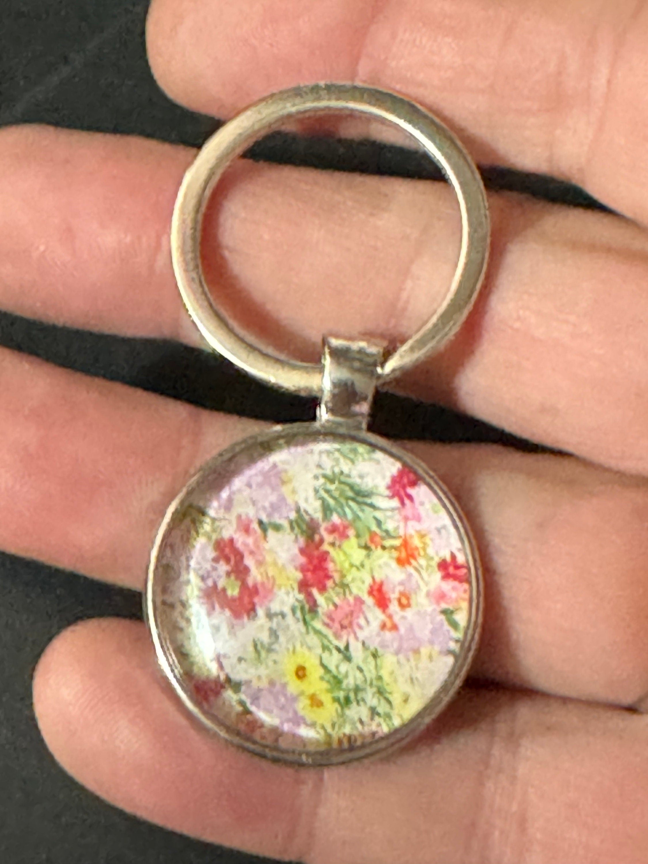 Handmade garden yellow Pink flowers silver tone floral keyring with 25mm glass cabochon
