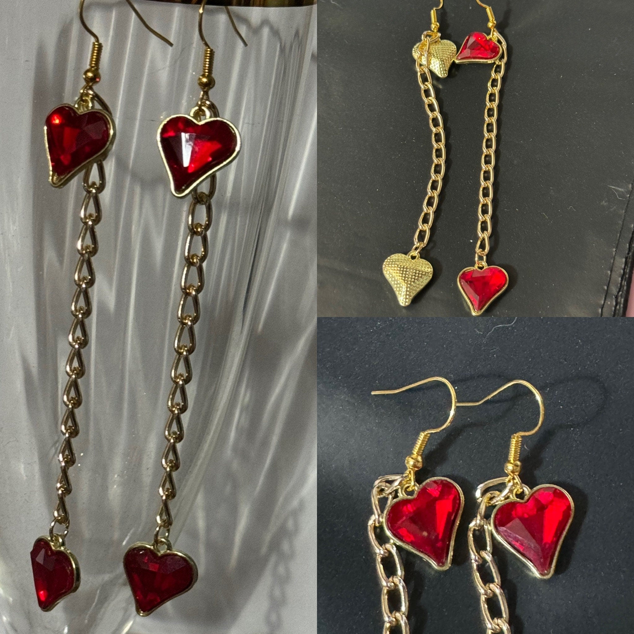 Shoulder grazer 18k gold plated bright red valentines love heart crystal diamanté ornate clover long 10.5cm drop charm earrings