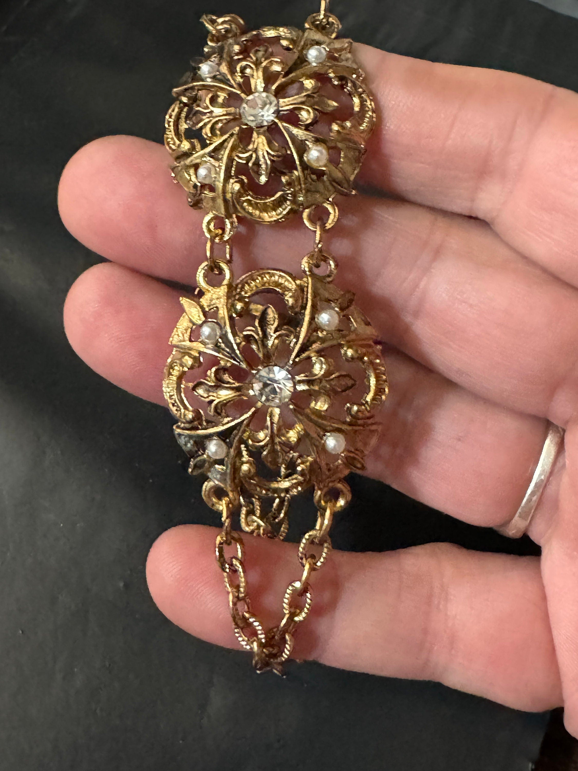 True Vintage diamanté panel link bangle bracelet 20cm old shop stock gold brass pressed metal