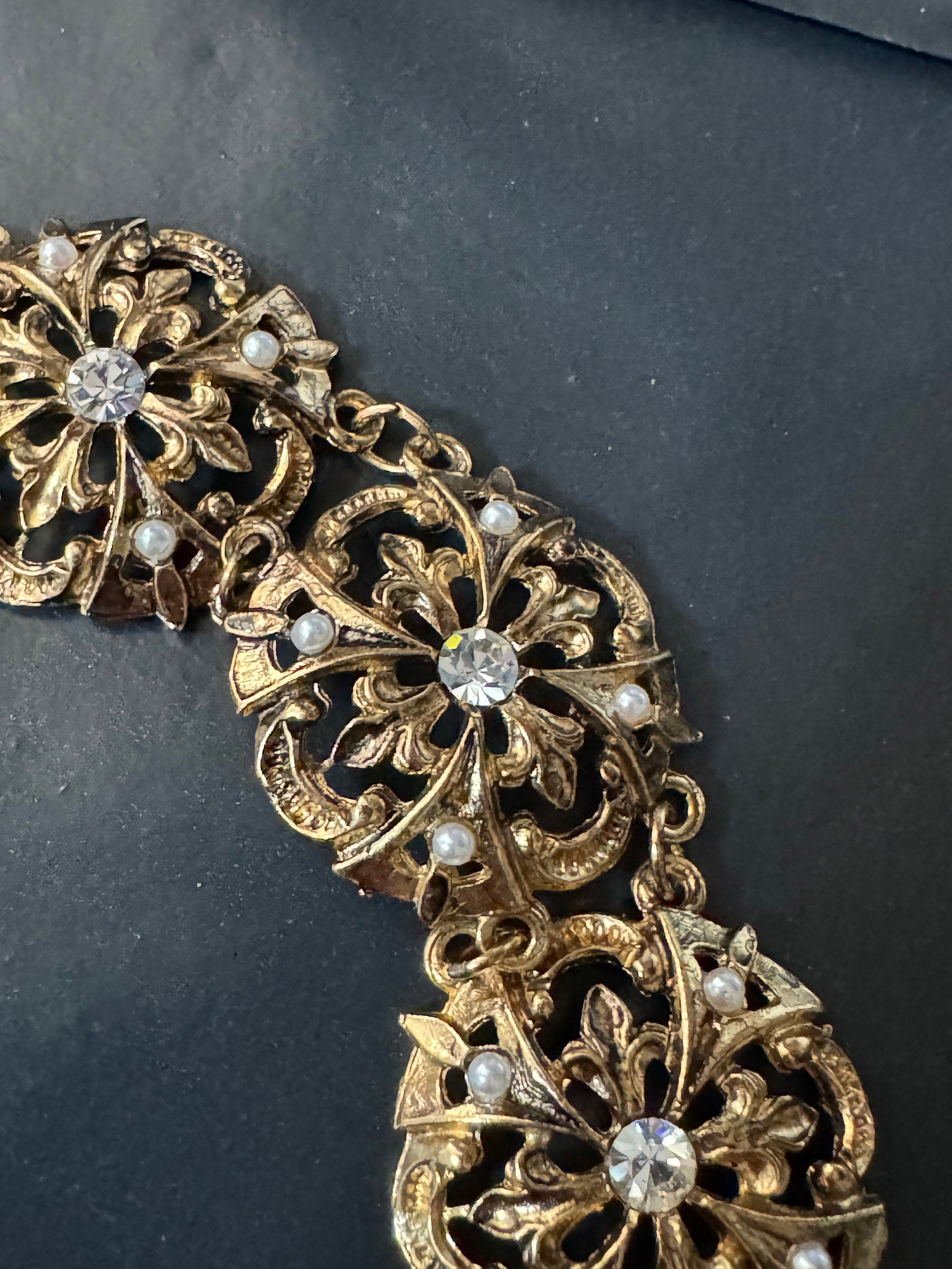 True Vintage diamanté panel link bangle bracelet 20cm old shop stock gold brass pressed metal