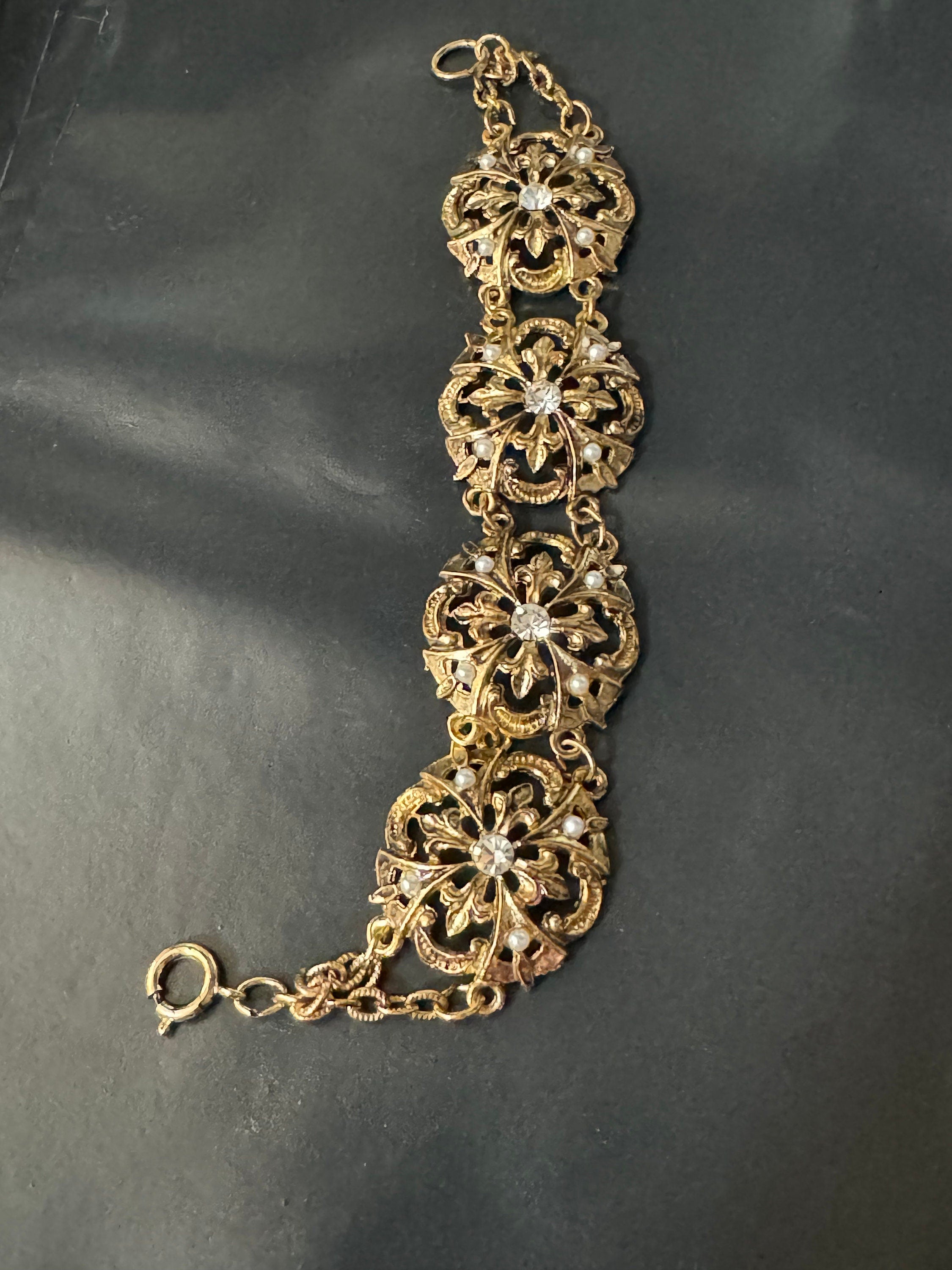 True Vintage diamanté panel link bangle bracelet 20cm old shop stock gold brass pressed metal