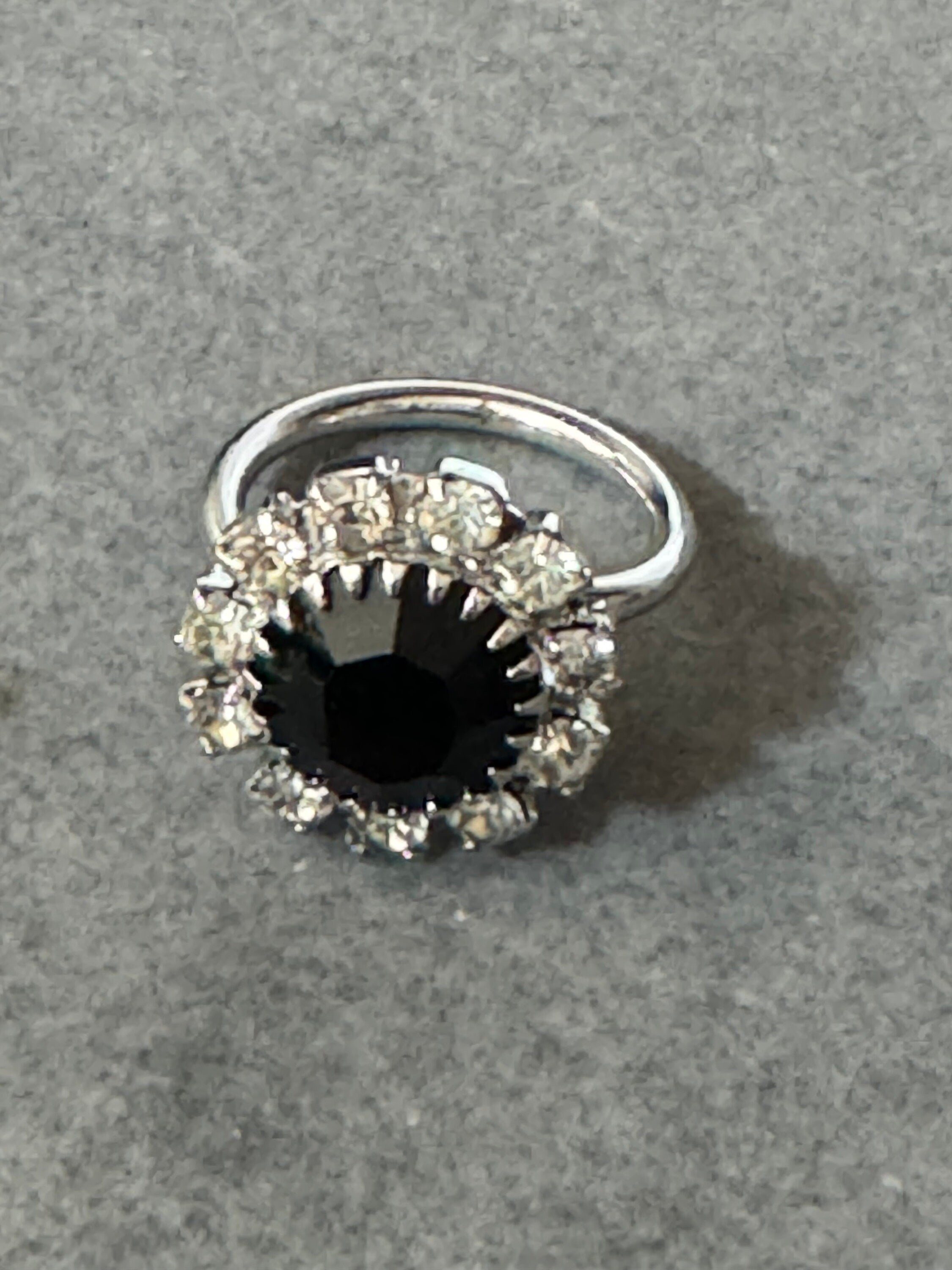 Signed sarah Coventry Silver tone black and clear crystal rhinestone adjustable cocktail ring size M N O