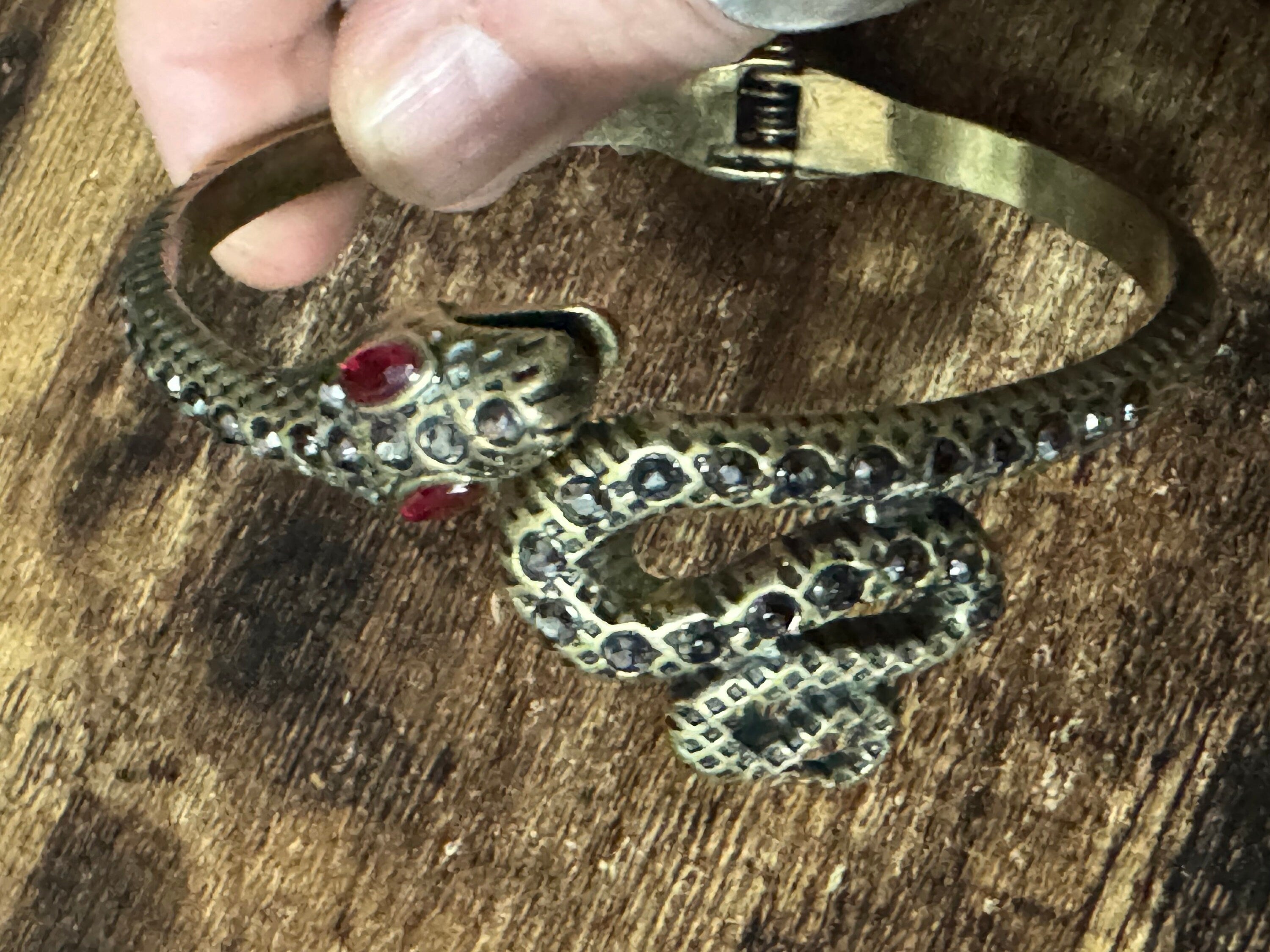 Antique gold tone marcasite and ruby paste set snake hinged clamper bangle bracelet